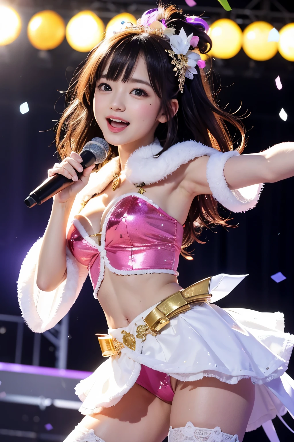 Woman in idol costume、Pose while singing and dancing happily together, Sweat and have fun, Everyone is smiling and having fun, Enjoy the moment. Girls are surrounded by cute and colorful decorations, Eta、They are comfortable and relaxing. They are all good friends, Eta、They are happy to spend time together, {{{{arena}}}},Idol stage, {{{spot lighting}}}, {{{Light from above}}}, {{{{Confetti:1.3, Motion Blur}}}},{{{Dutch Angle Shot}}}, masutepiece, absurderes, Best Quality, Intricate details, Best Quality, 8K, best aethetic, Beautiful Art, Ultra-detailed, Illustration, White panties、