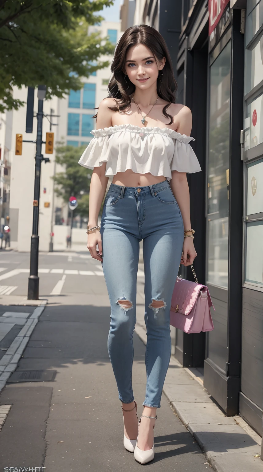 26 year old white woman、Hair is brunette、Eye color is blue、Longhaire、Slender but well-proportioned muscular body、She is wearing a frilly one-shoulder top.、wearing skinny jeans、wearing a rosary necklace、accessories on the wrist、setting hair、I'm wearing high heels、a smile、I have a clutch bag