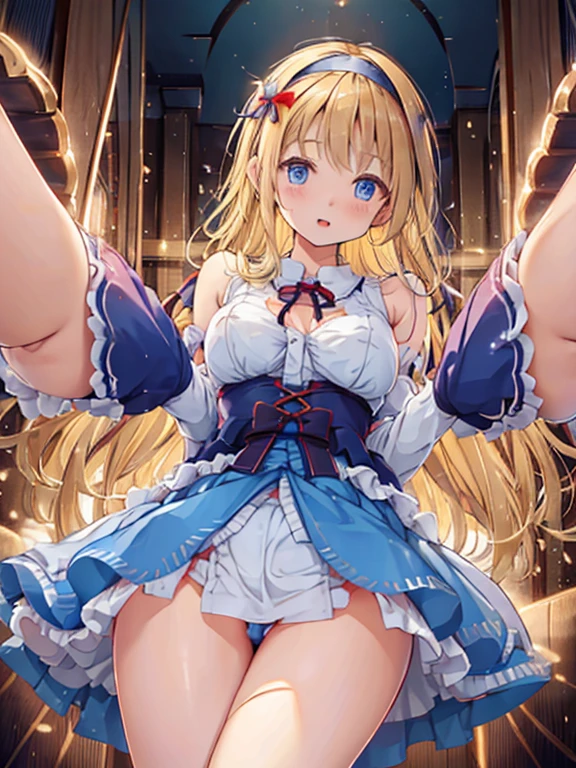 A 12 year old blue eyed girl with a cute Alice in Wonderland blonde wavy headband sits naked with her legs spread wide showing her ass, anus, pussy and small nipples.。I don't wear any underwear。A pose where you can be seen from below。are small。Pose that shows your anus。pussy and anus are spread。Spreading legs with both hands。taking off the apron dress。Panties are lowered to the knees。ta。SEX。NFSW