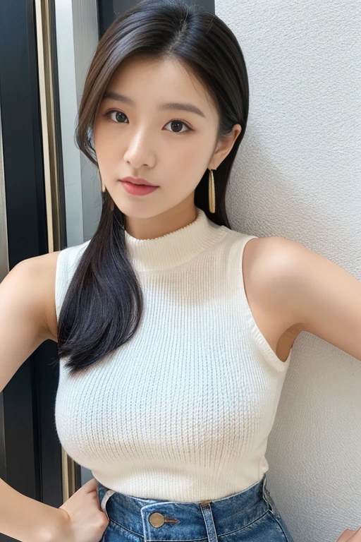 (masterpiece:1.5)、(Realistic:1.5)、(Highest quality:1.4、8K、RAW Photos）、 Ultra-high resolution、Professional Lighting、Perfect dynamic composition、Outdoor Shot、 Film Grain、chromatic aberration、(Bokeh:1.1)、 Frank、Sophisticated、charm、Surreal、High detail、Golden Ratio、 (1 Girl)、Slender girl、繊細でcharm女の子、Cute Woman:1.4、 Serious expression、Looking at the audience、Various poses、 Light brown hair、Shiny Hair、Hairstyle: ponytail、 Realistic looking skin、 shut up.、Beautiful Eyes、double eyelid、Thin arms、、 (Wearing a white ribbed turtleneck sleeveless dress:1.3), (Ultra-realistic pantyhose:1.3), Skirt and thighs、
