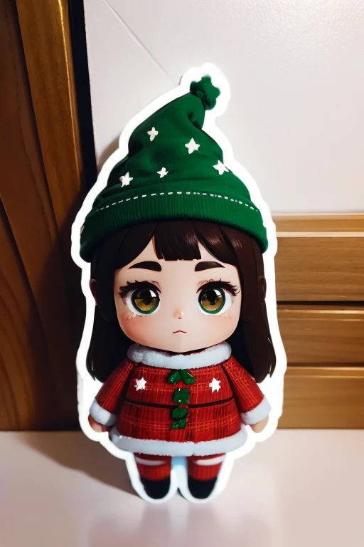 Sticker design, christmas Sticker, 1girl, Christmas hat, by Chen Dingbo, enhance, intricate, (masterpiece, Representative work, official art, Professional, unity 8k wallpaper:1.3)