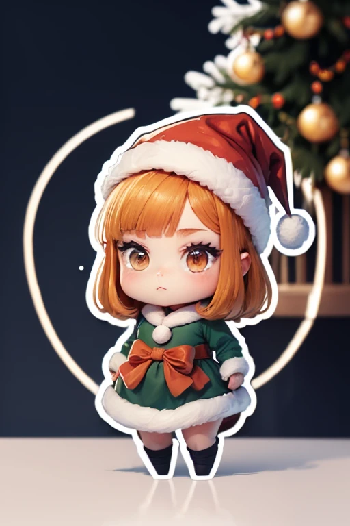 Sticker design, 1girl, Christmas hat, Christmas tree, (chibi Style), enhance, intricate, (masterpiece, Representative work, official art, Professional, unity 8k wallpaper:1.3)