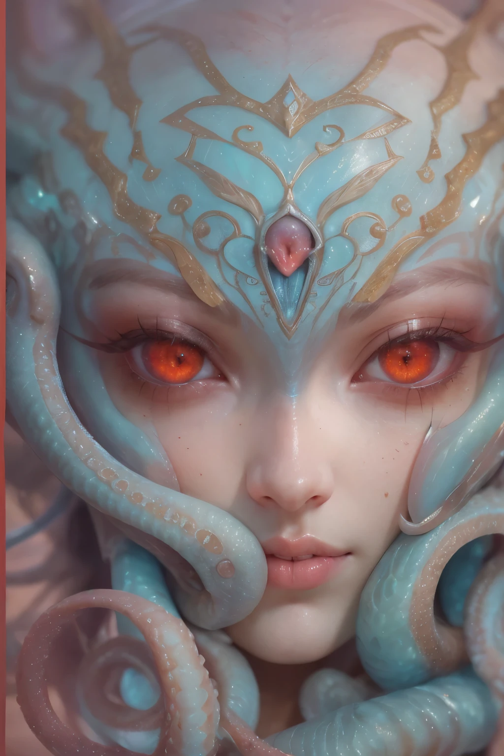 Portrait, (beautiful female alien:1.2),  (There is a female genital-like organ in the middle of the forehead:1.8), (The most beautiful face in the history of the universe:1.2), (scarlet eyes:1.6), (Translucent skin:1.8), an evil gaze that seduces , (red eyes:1.5), Full body like, (sexypose:1.5), alien, No humans, cells are fused, (Lots of translucent tentacles:1.1) (Translucent skin:1.3), extraterrestrial, cell, bio image, 魅惑的, Best Quality, 8K,4K_quality, high definition, Dramatic Lighting, masutepiece:1.5,cinematic quality, detail up, (Intricate details:1.2), high resolution, High Definition, drawing faithfully, (Thick eyebrows:1.2), Beautiful eyes with fine symmetry, (Ultra detailed eyes:1.2),(Highly detailed face and eyes:1.2), (High-resolution red-eye:1.4), Intimate face, (Super detailed skin quality feeling:1.4), Perfect Anatomy,  (Beautiful toned body:1.5),  (Moist skin:1.2), No makeup, (dark circles:1.1), long canines, cinematic drawing of characters, ultra high quality model, cinematic quality, detail up, (Intricate details:1.2), high resolution, High Definition, drawing faithfully, Official art, Unity 8K wall  , 8K Portrait, Best Quality, Very high resolution, ultra detailed artistic photography, midnight aura,  unreal engine 5, Ultra Sharp Focus, art by alberto seveso, ArtGerm, Roisch, intricate artwork, Medusa, best quality, masterpiece, ultra high resolution, (photos realistic：1.4), Ultra-realistic realism, dream-like,  nautilus, Creation of fantasy, Snail, Dream Snail,  biopunk nautilus, thrilling color schemes， Ultra-realistic realism， seductively smiling, blue tentacles
