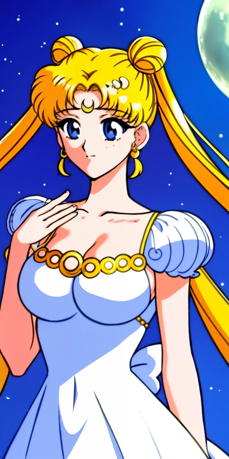 SMU Sagitsukino, 큰pectorals, Standing, Solo, Masterpiece, Best Quality, Detailed face, Detailed Eyes, high resolucion, Masterpiece, Best Quality, Detailed face, Detailed Eyes, high resolucion, Princess costume,tranquility,프린세스tranquility,네오퀸tranquility,pectorals,Big,거대한pectorals,풍만한pectorals.a blond,Dumpling head,왕pectorals,breast,forehead crescent moon,젖pectorals,흘러넘치는pectorals,voluptuousness,The dress,crescent moon on forehead,90s animation