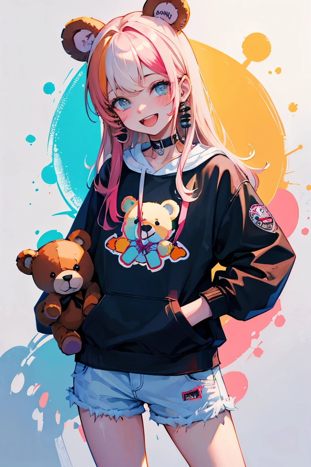 (illustratio:1.3)Teddy bear with girl smiling with open mouth,Painted with multicolored inks,Punk style,Innocent Teddy Bear,Radiant,Delicate,high-level image quality,Honey is dripping