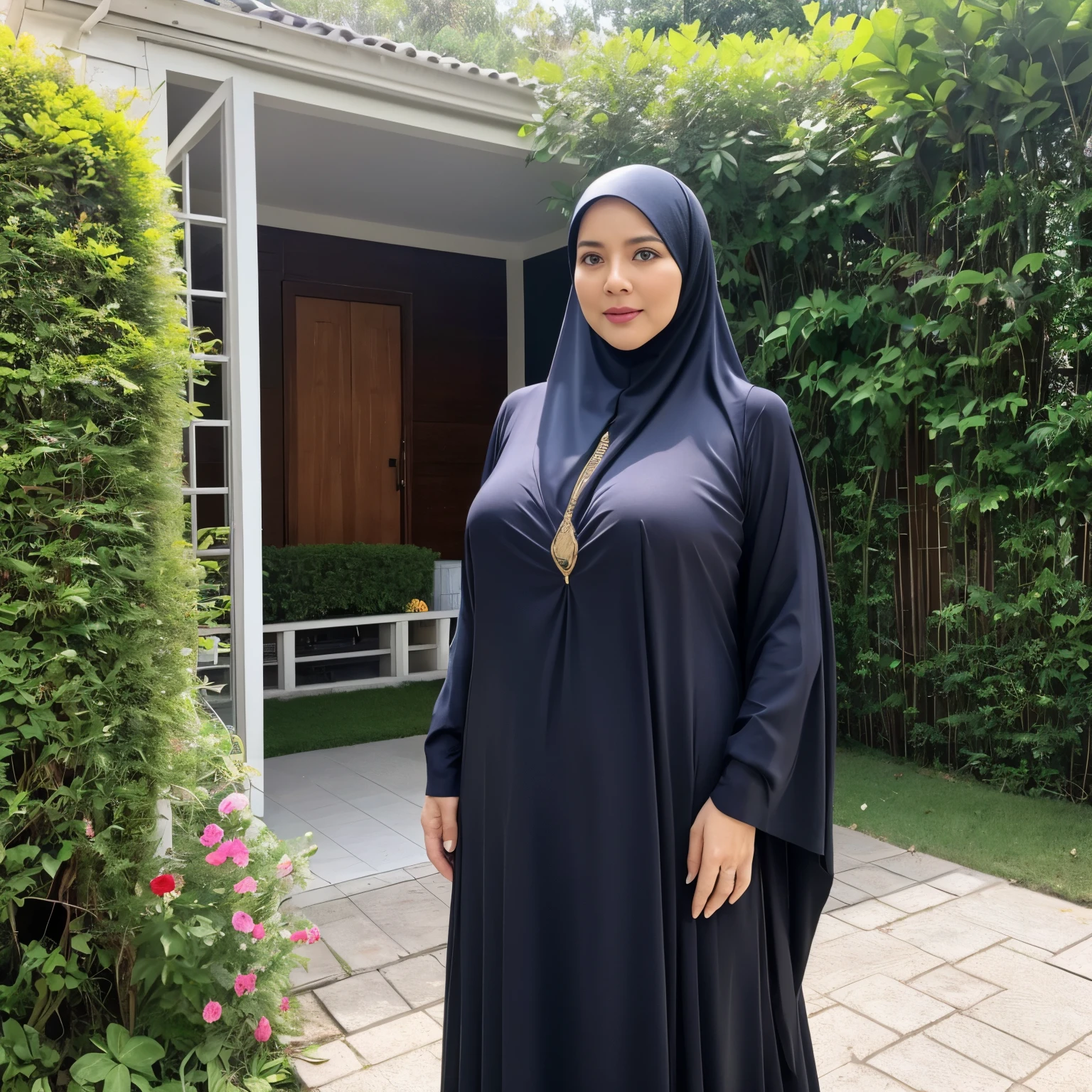 Wanda Hamidah, 56 years Old, Hijab Malaysian mature woman, Saggiest Largest Mature  : 156.9, Burqa, Tight Burqa, Perfect body, Breast about To burst out, at Front garden of the house, High light, at DayTime