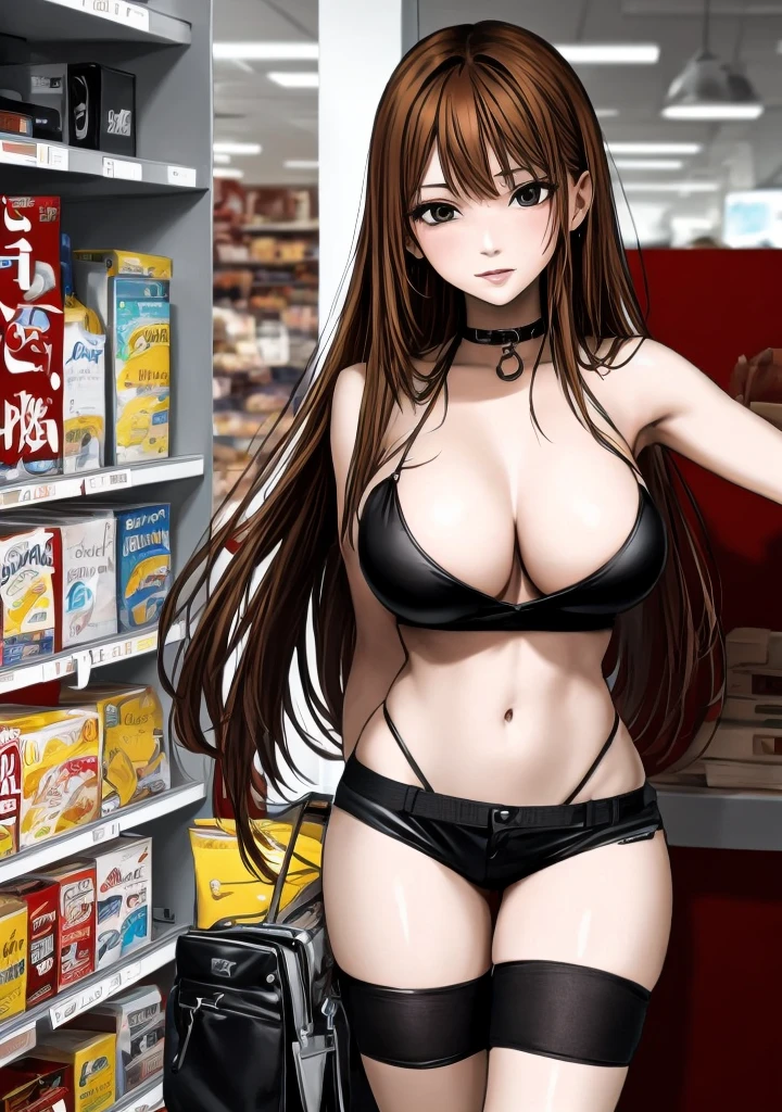 A beautiful adult woman with long, shoulder-length hair, big breasts, beautiful legs, and a sharp face is standing in a supermarket with her legs spread and an erotic expression wearing a black tube top that exposes her navel and hot pants shaped like black panties. I have。
