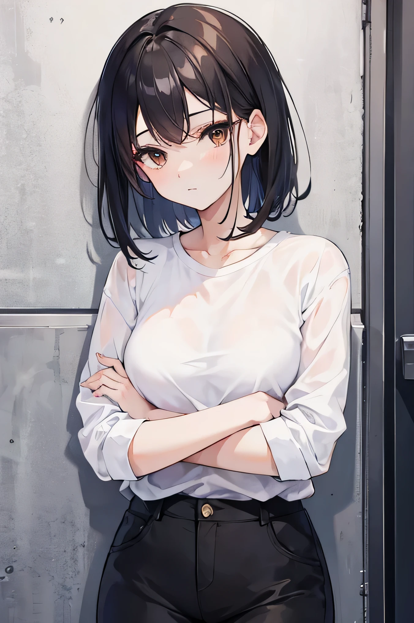1girl, high res, ultrasharp, 8K, masterpiece, black haired, brown eyes, sexy, casual clothes, wall, seductive, arm crossed, loose shirt, loose short pants, hair pin, side bang, mori girl clothing, isurugi noe hair