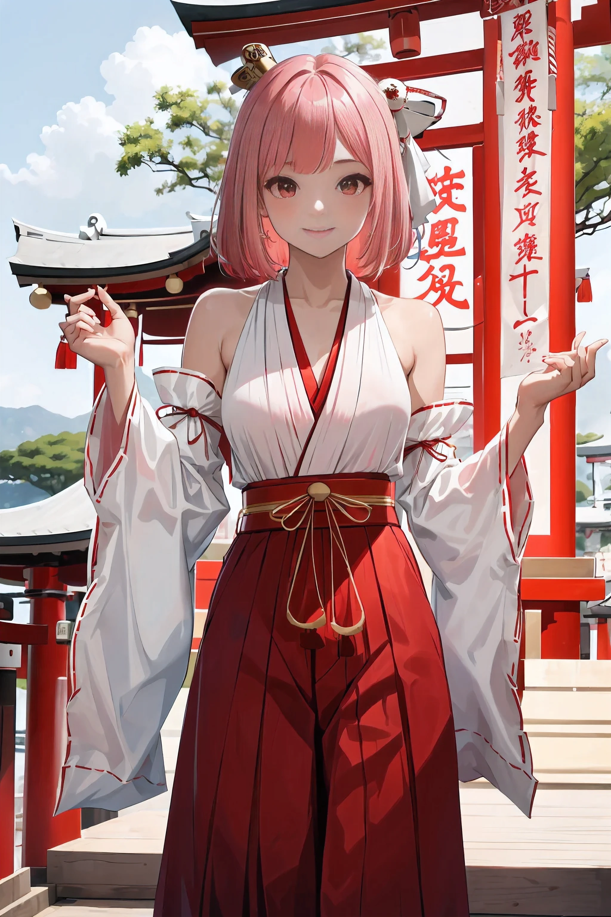 (((2girls_))), (((Highest Quality))), (((Super Detail))), (((Super Detail 8K Wallpaper))), high-definition RAW color photography, Professionally photographed, (Twin-tailed), (Pink hair), (a short bob), Thin body, full length, Sitting, Fair skin, Smile, Clear eyes, (Beautiful Girl)), (((shrine maiden))), ((((shrine maiden))), (((shrine maiden costume, White haori, Red Hakama White haori, Red Hakama))), ((The background is the precincts of the shrine))), (((background slightly blurred))),