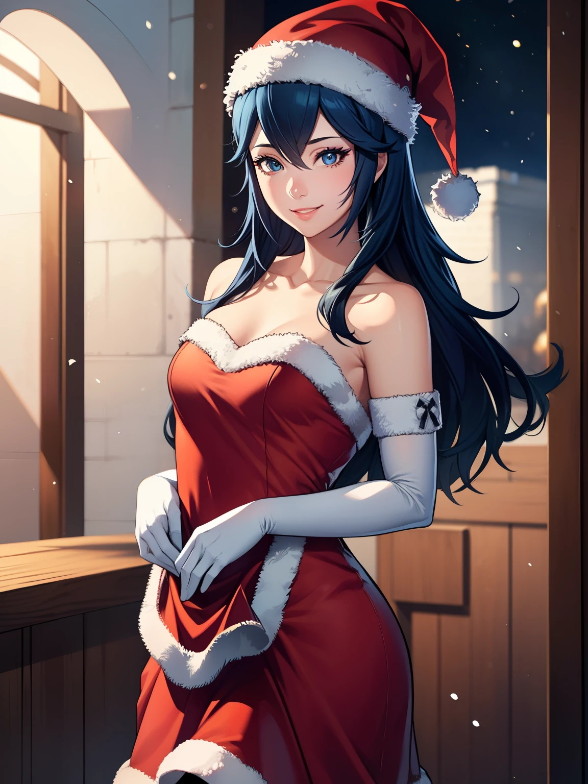 1girl, solo, masterpiece, best quality, high res, highly detailed, (illustration), beautiful detailed eyes,lucina fe,glossy lips, makeup, smile, long white satin elbow gloves, cowboy shot, (santa), red santa dress, santa hat, strapless dress, full body, white elbow gloves