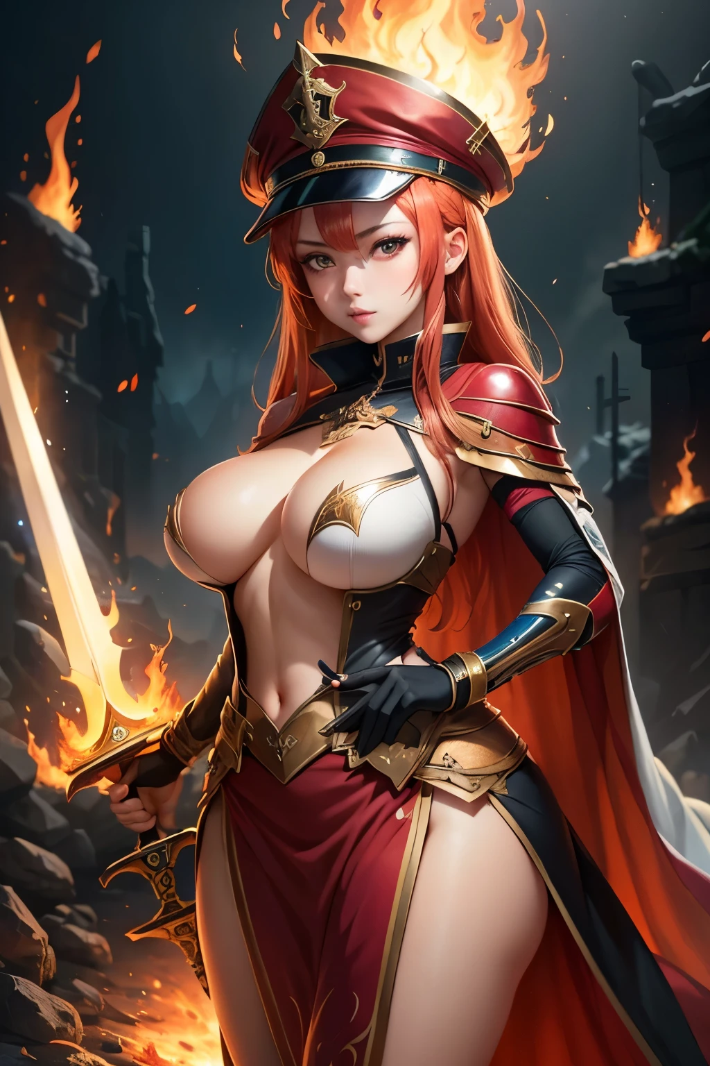 1个Giant Breast Girl, redheadwear, flaming eye, The sword, 火焰, Sideslit, HD detailed anime game corner lind box toy style, 8k, super detail, UHD