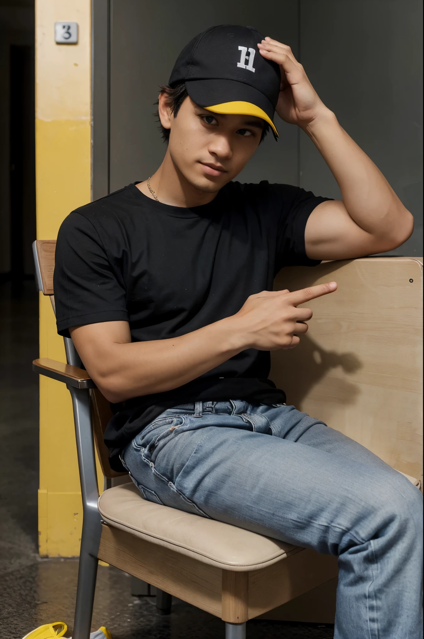A young man is sitting in a chair in front of a ''Facebook Profile'' Name "ko hlaing".He is wearing a black cap,a black shirt, a gray short jean, and black socks with yellow swoosh and black sneakers.He has his right hand raised in the air.He is looking at the camera with a defiant expression on his face.There is a box with a ''Facebook logo'' on the ground in front of his.