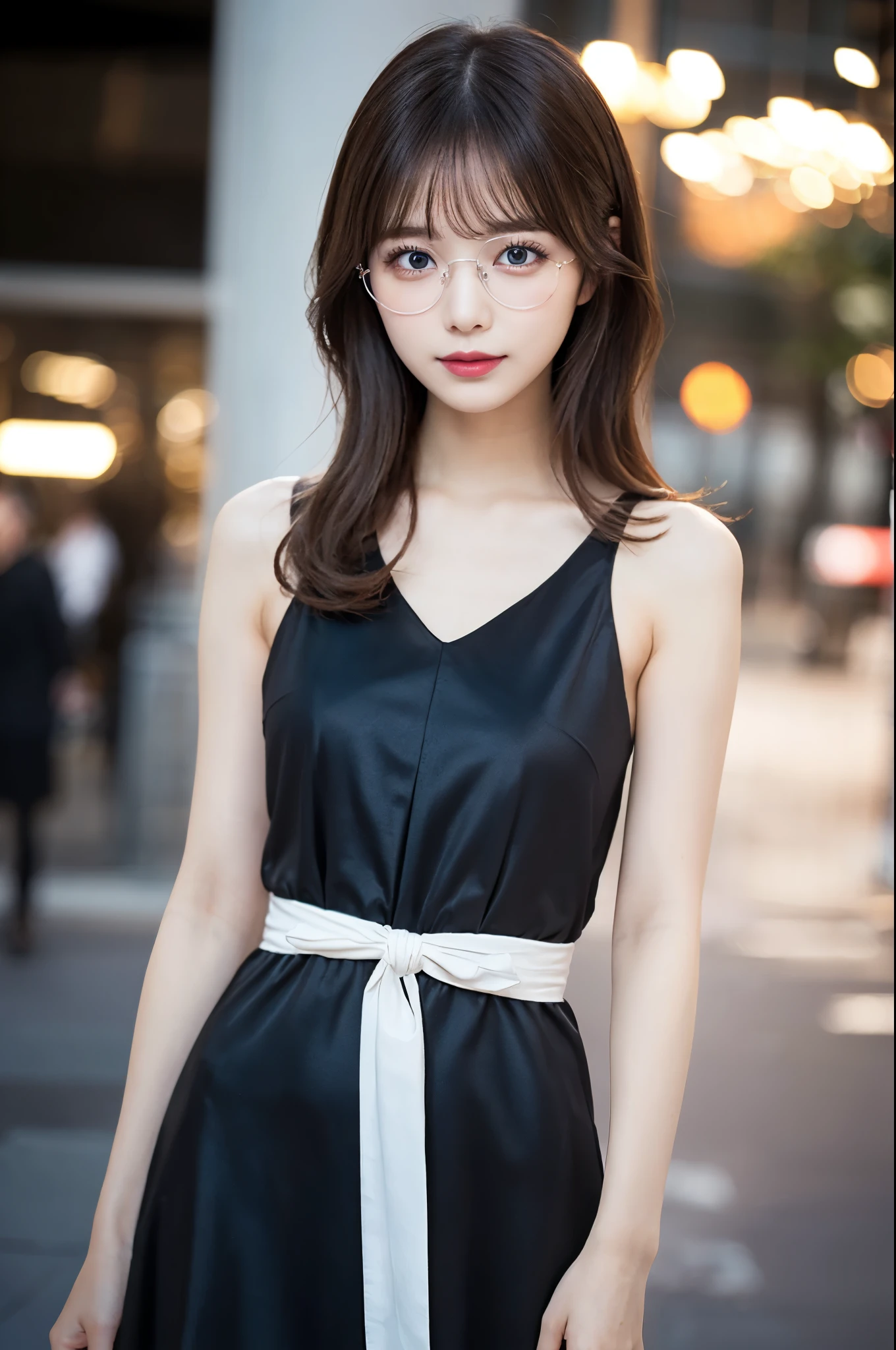 ulzzang -6500-v1.1, (Raw photo:1.2), (Photorealsitic), (See-through:1.3), (Real:1.4),  ((FULL BODYSHOT:1.6))、１Girl in glasses、22year old、game_nffsw,  Round glasses(eye detailed), Smile of shame、(elegant long dress:1.3),  (Ultra-realistic pantyhose:1.2),  Turn around at the party venue、huge filesize, hight resolution, ighly detailed, top-quality, [​masterpiece:1.6], illustratio, ighly detailed, nffsw, finely detail, top-quality, 8k wallpaper, Cinematographic lighting, cute droopy eyes beautiful big eyes、Pieckfinger, ((masutepiece)), Best Quality, 1girl in, eye shadow, realistic skin textures、shinny skin、Exposed thighs!!! , make - up、Colorful, Vivid colors,