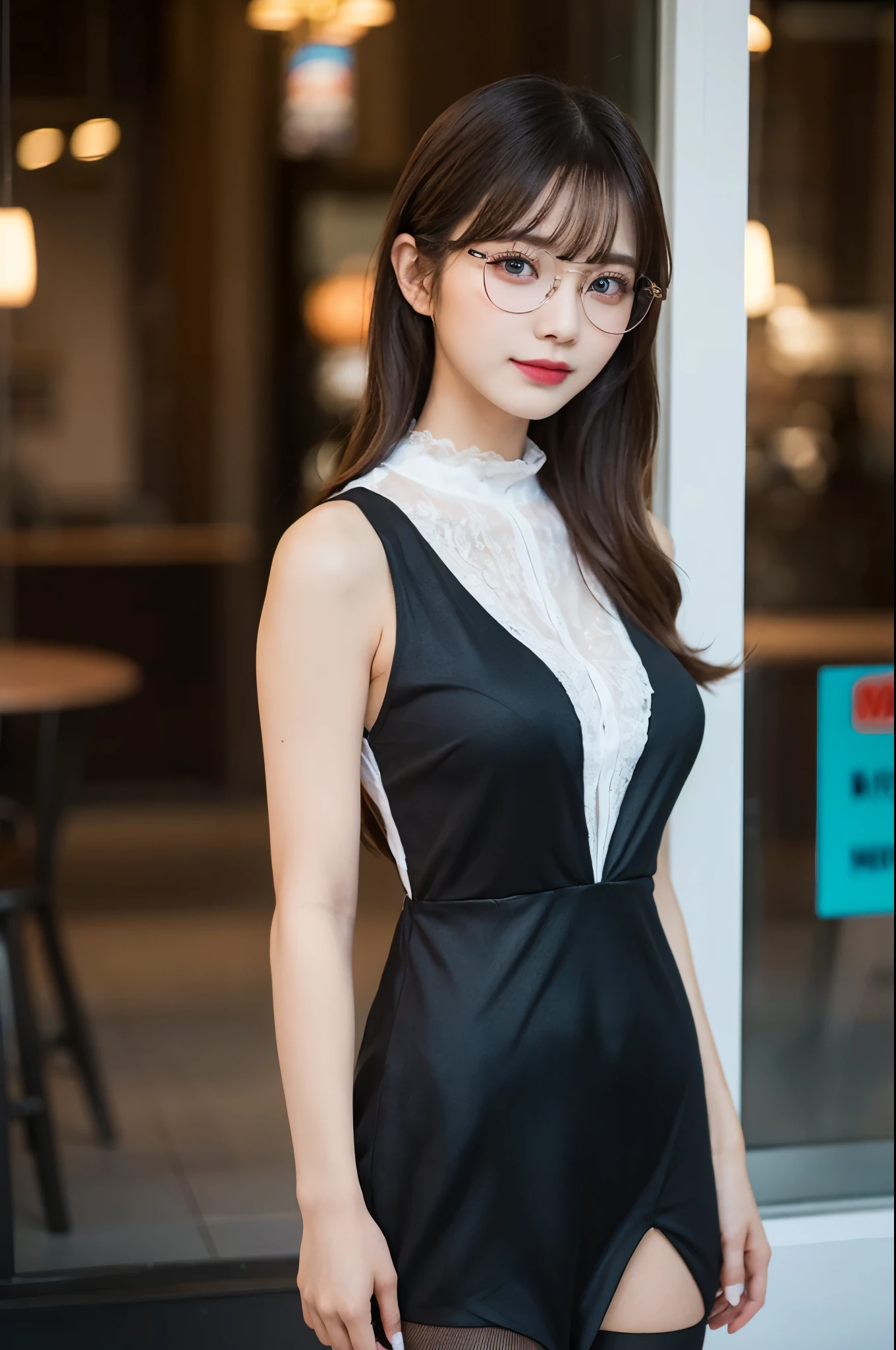 ulzzang -6500-v1.1, (Raw photo:1.2), (Photorealsitic), (See-through:1.3), (Real:1.4),  ((FULL BODYSHOT:1.6))、１Girl in glasses、22year old、game_nffsw,  Round glasses(eye detailed), Smile of shame、(elegant long dress:1.3),  (Ultra-realistic pantyhose:1.2),  Turn around at the party venue、huge filesize, hight resolution, ighly detailed, top-quality, [​masterpiece:1.6], illustratio, ighly detailed, nffsw, finely detail, top-quality, 8k wallpaper, Cinematographic lighting, cute droopy eyes beautiful big eyes、Pieckfinger, ((masutepiece)), Best Quality, 1girl in, eye shadow, realistic skin textures、shinny skin、Exposed thighs!!! , make - up、Colorful, Vivid colors,