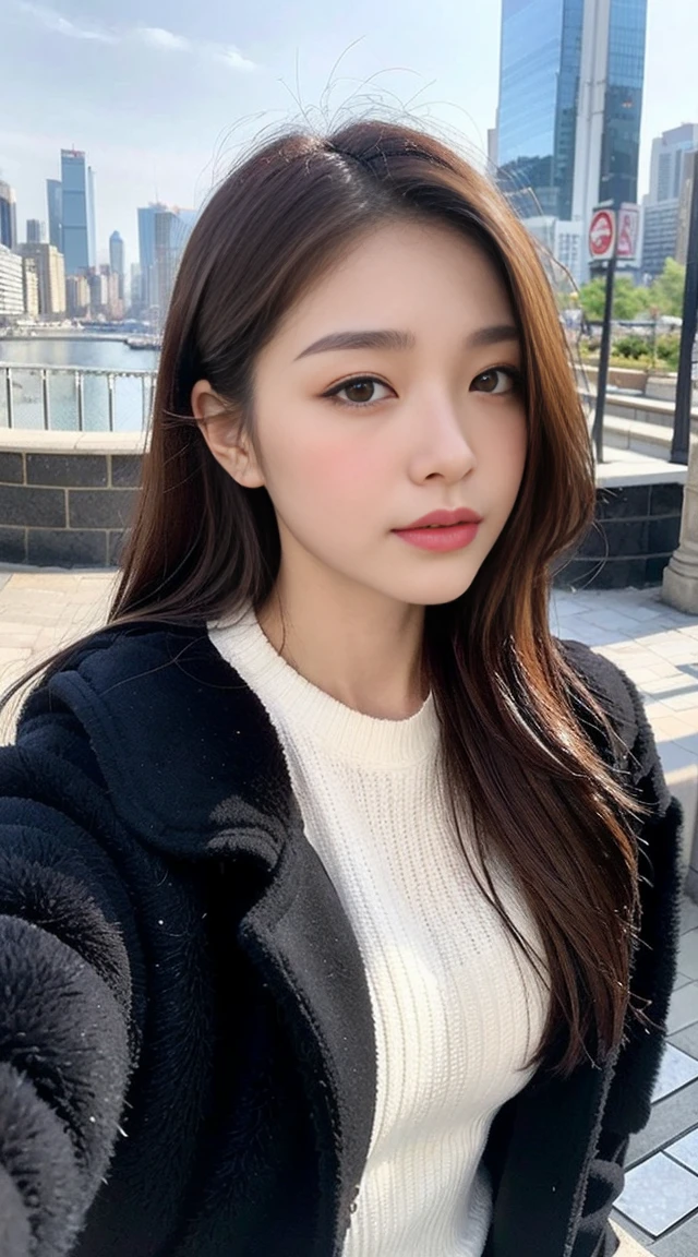 dark brown hair、Light brown eyes、The face of the Japan actress、 Lady、;i&#39;I&#39;m about 40 years old、(intricate-detail:1.2)、(top-quality:1.4)、 (超A high resolution:1.2)、超A high resolution、(A detailed eye)、(detailed facial features)、nffsw、8K resolution、D-cup size breasts、length hair、street snap、wearing a fluffy fur coat、Fashion Snaply Body Photo、shot from head to toe、wide angles、A beautiful cityscape can be seen in the background、You can see from the top of your head to your toes、long boots、
