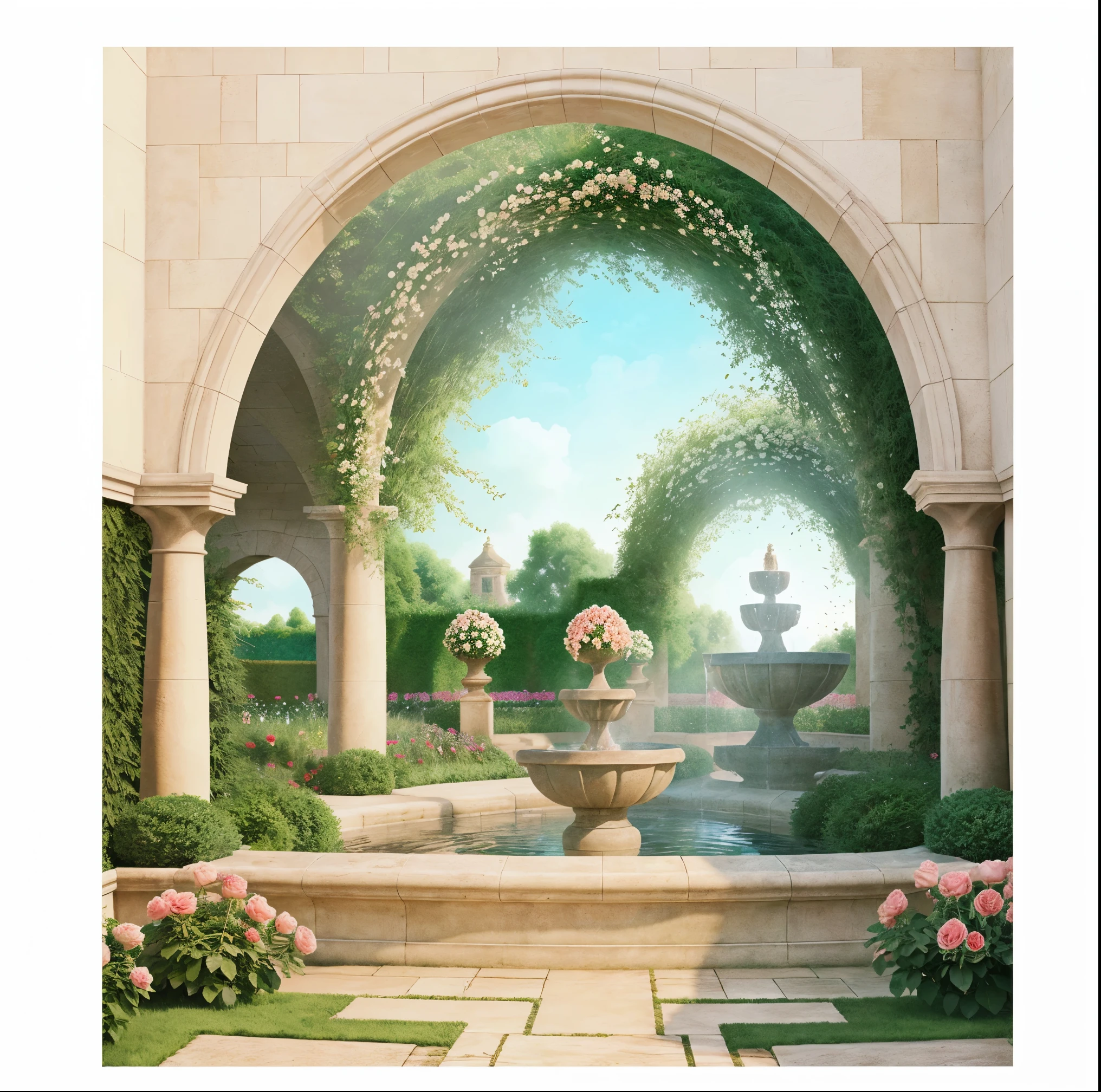 There is a garden，There are fountains and flowers, Portal made of pink roses, romantic art style,landscape artwork, A beautiful artistic illustration, Fountains and arches, royal garden background, pink rose garden, , beautiful artist rendering,