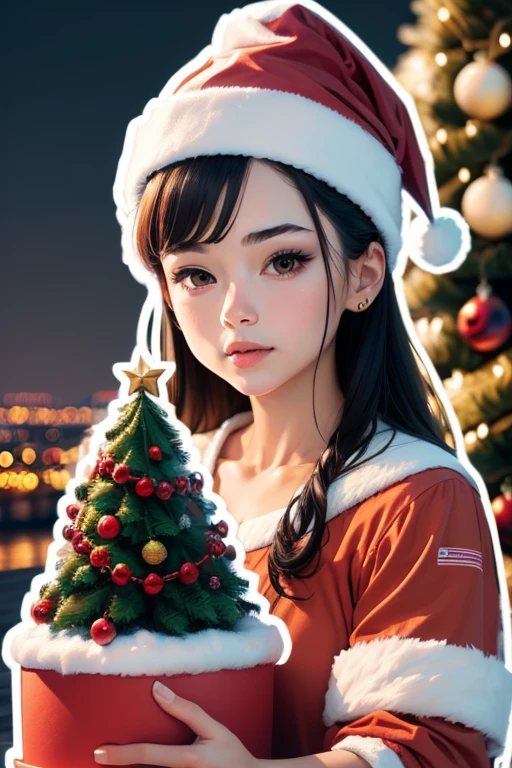 Sticker design, 1girl, Christmas hat, Christmas tree, (POP MART Style), enhance, intricate, (masterpiece, Representative work, official art, Professional, unity 8k wallpaper:1.3)