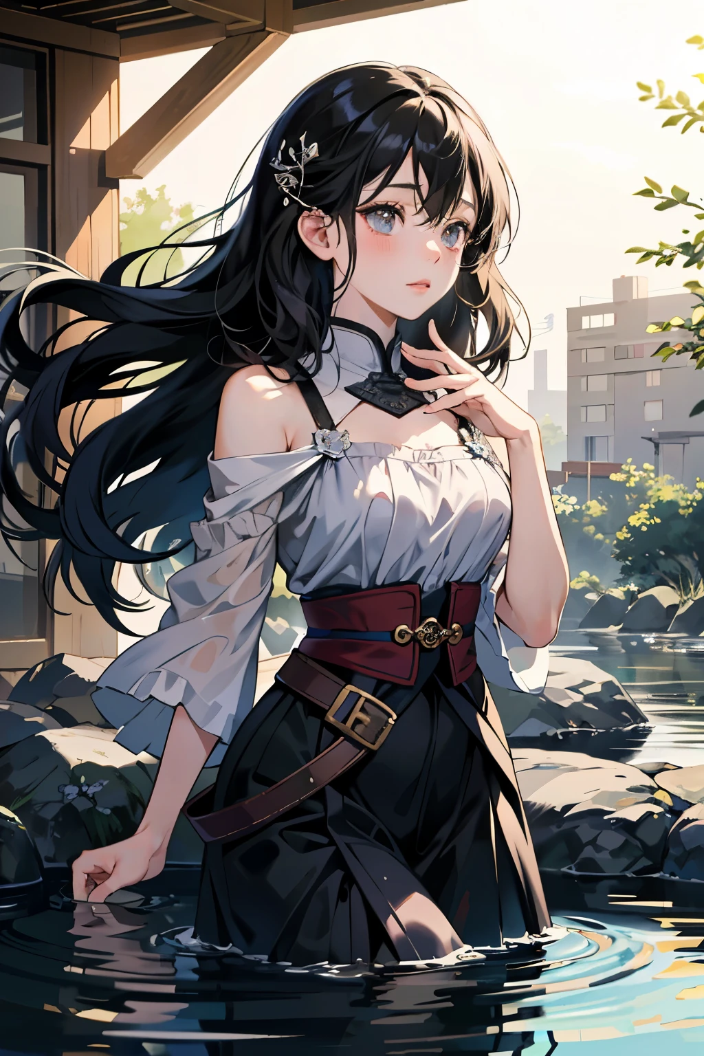 ((Best Quality)), ((masutepiece)), (Detailed), Perfect face、drak々Hama、Kusunoki Sakura、Watery Big Eyes, Loving eyes, [Shy], Long hair, Master works, The highest image quality, Ultra High Resolution, hightquality, Beautiful Girl, Female, Heart Hair Accessories, 8K resolution, Spice Girl, pupils, Beautiful eyes, blush, Thin shoulder straps, Dusk, oasis ((Character by the Waterhole)), Magic Ring, Volumetric Lights, Cinematic Light, Natural light. Waterfall Background Snow Moon Low Moon Girl Light Shoulders, Solo, Crystal Clear Water Splash Perfect Reflection, Eyebrow Pattern, Beautiful black eyes, Floating Water Splash, Black water drops, Beautiful Glow, Best Quality, Illustration, masutepiece, Best Production, Best Quality, Highly detailed, extremely details CG, Lighting, Cute, Tindall Effect, Burning Splash Wrapped, Light Shoulders, depth of fields, Black water, Super Moe, Shining, Beautiful
The, Delicate facial features, Cute, Black water particle special effects, Dreamy
