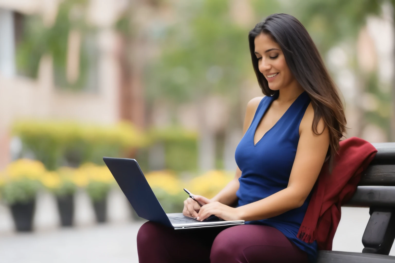 mujer con portatil usandolo