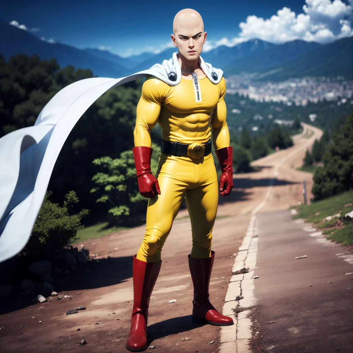 masterpiece, best quality, 1boy, (saitama), bald head, black eyes, red gloves and red boots, yellow clothes and white cape, standing on mountain, angry face, completely mad, fighting position, posting to giving punch, sunny day, beautiful mountain hills and forests, beautiful scenery, detailed face, evil smile, aura power, night, natural light, standing, male focus, strong muscles, movie composition, deth of field, bokeh, (futuristic), (full body),