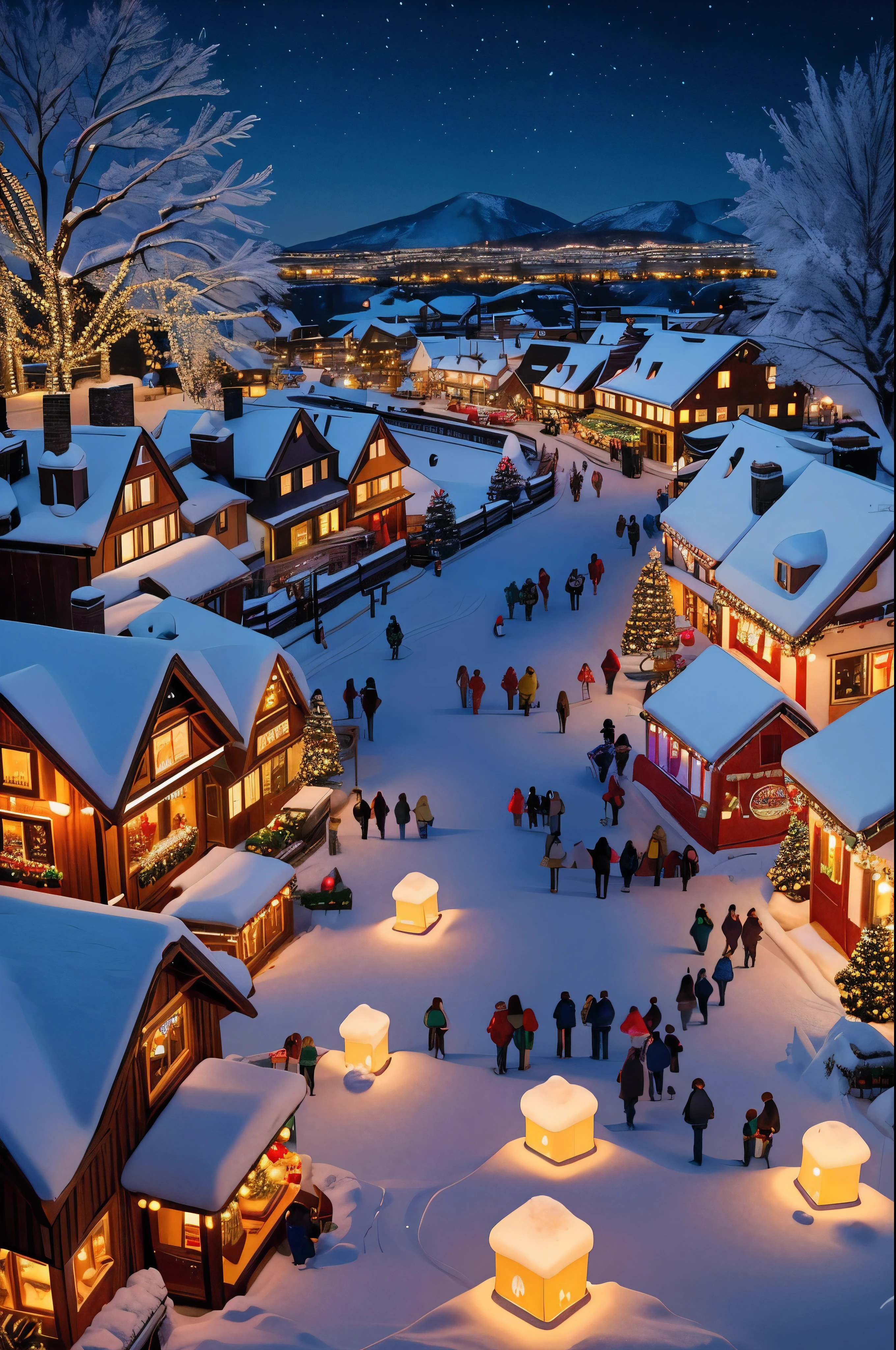 A busy small American town, with charming downtown architecture, immersed in a snowy Christmas scene. The town is filled with joyful holiday decorations, such as colorful Christmas lights, wreaths, and beautifully decorated Christmas trees. The snow-covered streets and rooftops create a magical atmosphere, with snowflakes gently falling from the sky. The main street is bustling with activity, as people shop for gifts in the cozy local stores and enjoy hot drinks from the charming cafes. The town square is adorned with a grand Christmas market, filled with stalls offering handmade crafts, delicious treats, and cheerful carolers. Children can be seen happily ice skating on the frozen lake nearby, while families gather around bonfires, roasting marshmallows and enjoying the warmth. The town is bathed in warm and soft lights, casting a romantic and cozy glow over the entire scene. It is a picturesque and idyllic place, capturing the essence of a snowy Christmas in a small town. 

(best quality, 4k, highres), (realistic:1.37), winter, snow-covered streets, snowy rooftops, joyful holiday decorations, colorful Christmas lights, wreaths, beautifully decorated Christmas trees, cozy local stores, charming cafes, bustling activity, grand Christmas market, handmade crafts, delicious treats, cheerful carolers, ice skating on frozen lake, bonfires, roasting marshmallows, warm and soft lights, romantic and cozy.