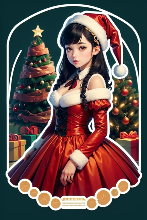 Sticker design, 1girl, Christmas hat, Christmas tree, (Lolita Style), enhance, intricate, (masterpiece, Representative work, official art, Professional, unity 8k wallpaper:1.3)