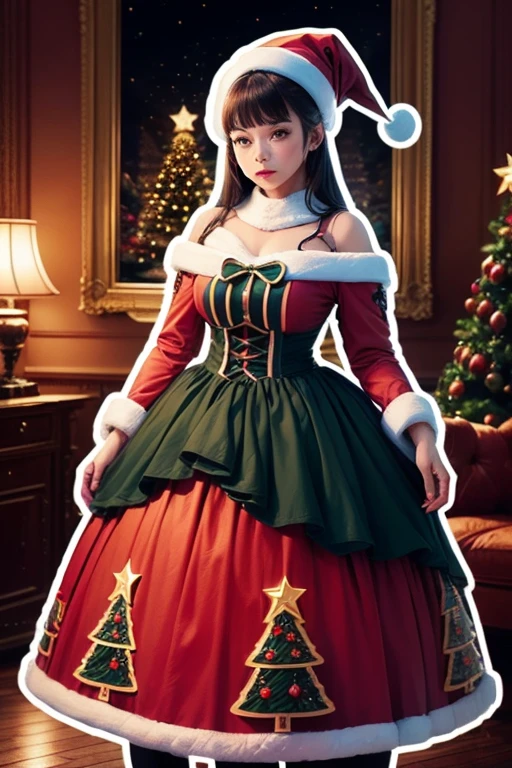 Sticker design, 1girl, Christmas hat, Christmas tree, (Lolita Style), enhance, intricate, (masterpiece, Representative work, official art, Professional, unity 8k wallpaper:1.3)