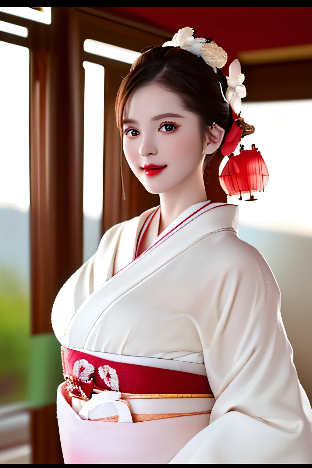 (8K, Raw foto, Best Quality, high resolucion:1.2), (realisitic, photo-realisitic:1.5),  1Girl, Solo , pale-skin,   beautifull face,  Cute, very detail eyes, Cherry heart-shaped lips, upper half body,  in kimono,