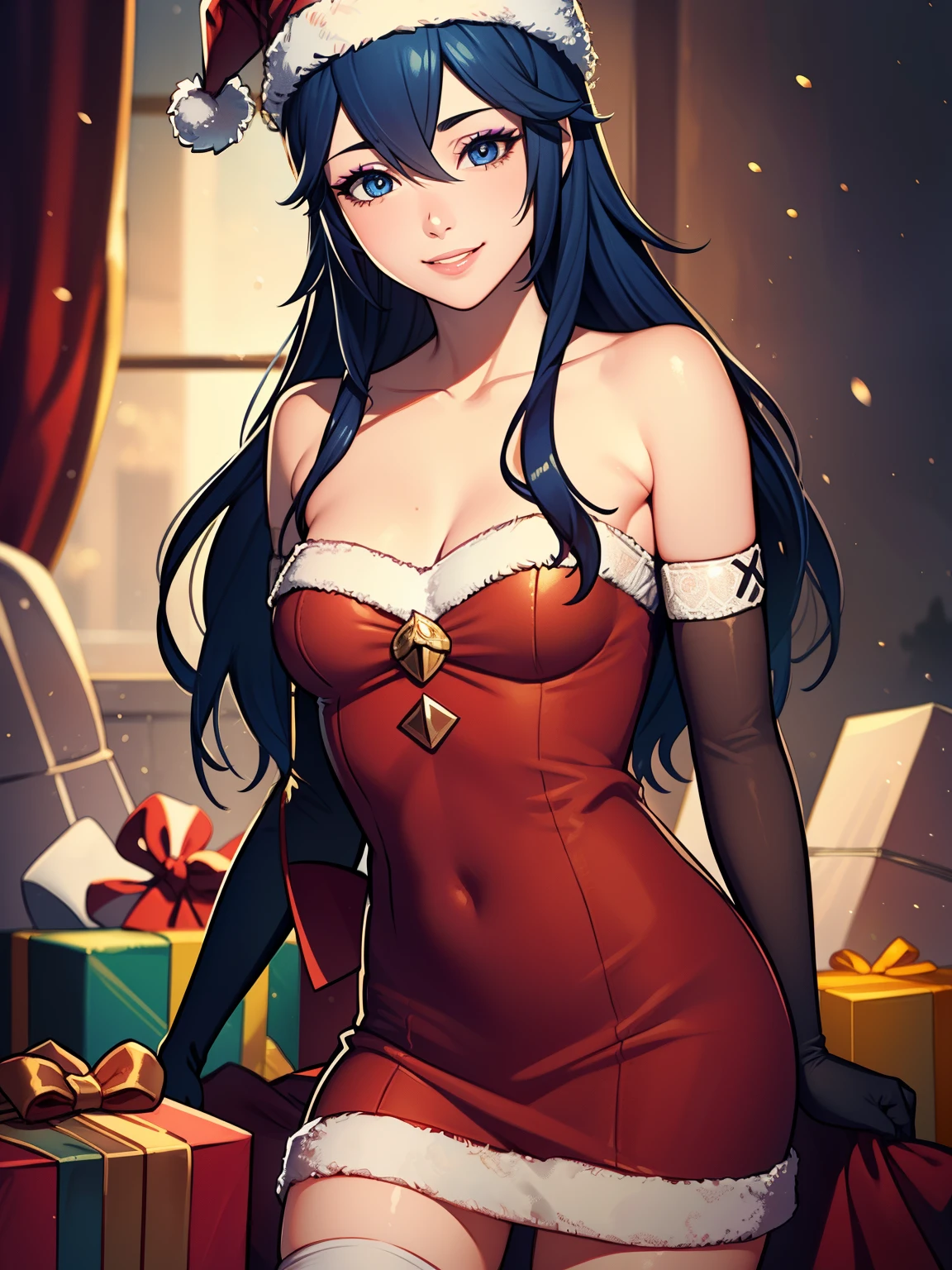 1girl, solo, masterpiece, best quality, high res, highly detailed, (illustration), beautiful detailed eyes,lucina fe,glossy lips, makeup, smile, long white satin elbow gloves, cowboy shot, (santa), red santa dress, santa hat, strapless dress, full body, white elbow gloves