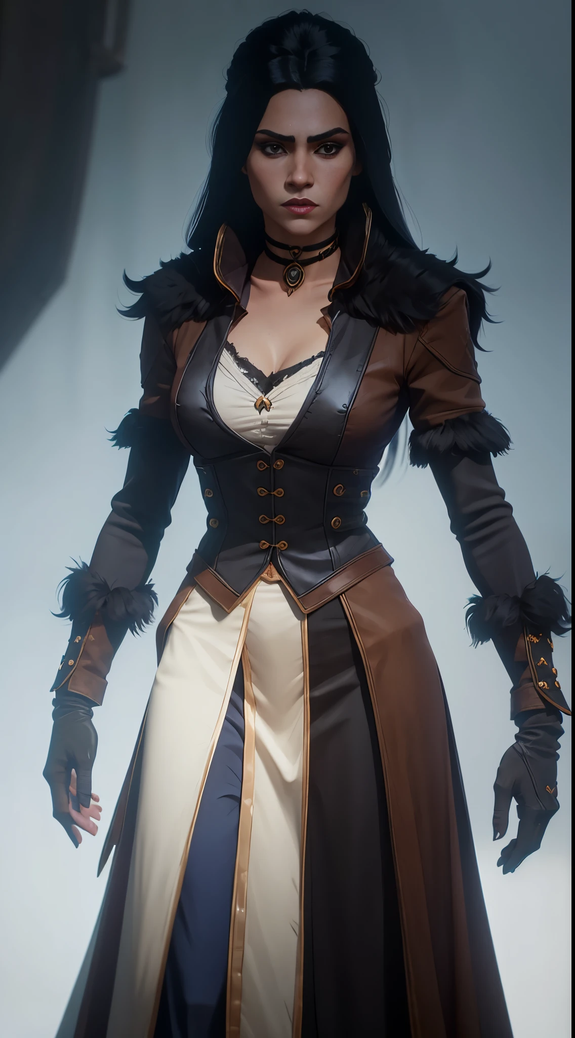 YenneferWitcher, solo, 1girl, black hair, gloves, long hair, choker, jewelry, blue background, fur trim, black gloves, closed mouth, necklace, black choker, long sleeves, looking at viewer, standing, realistic, shirt