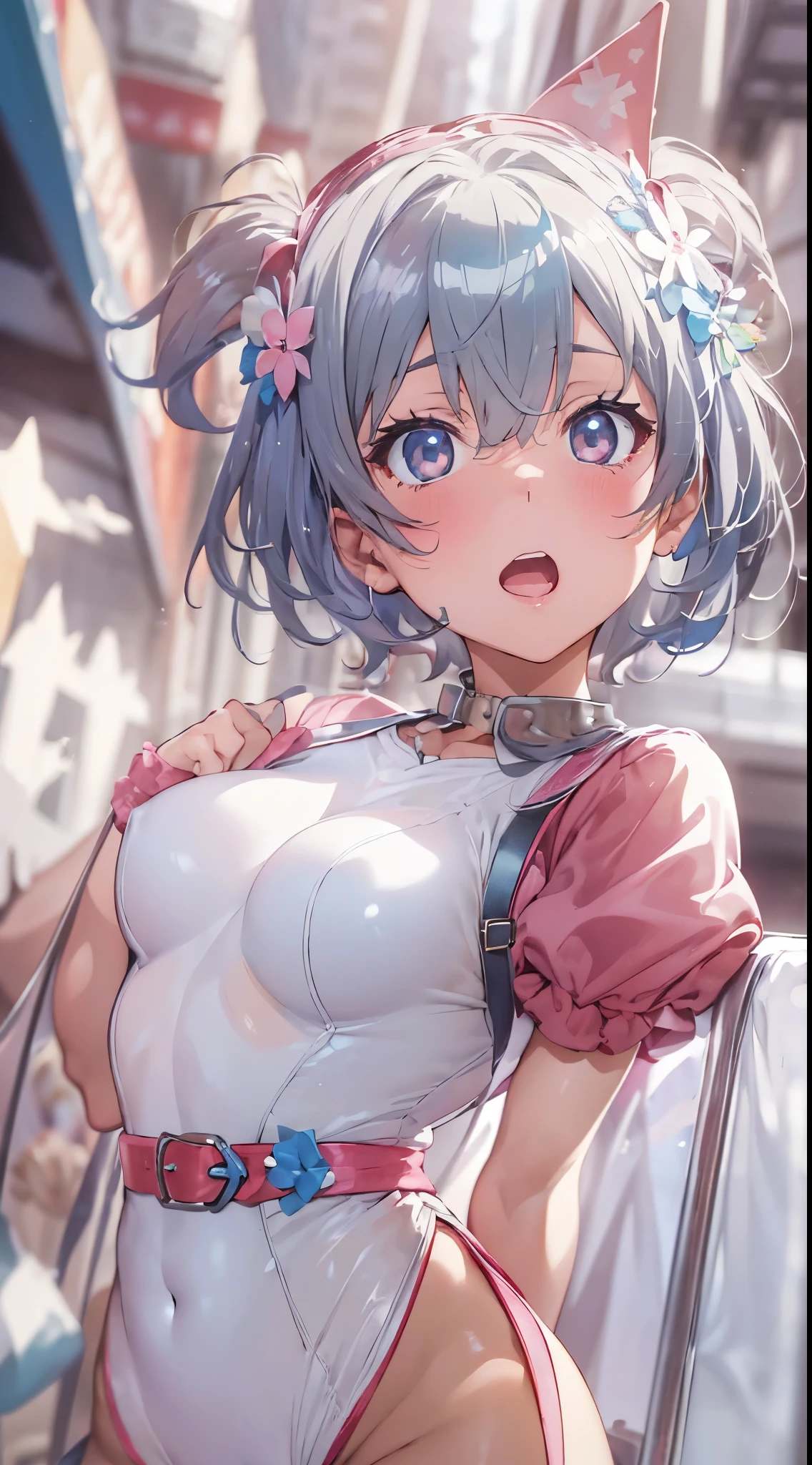 1womanl,Black hair,ar old Impatient expression)),Beautiful breasts,(((Sexy magical girl white and pink shiny bodysuit)))(())(((Blushing cheeks、Surprised look)),(((Satin Narico))),((( portlate))),we have blue eyelashes)))()Street,Crowds(magical girl hair ornament)