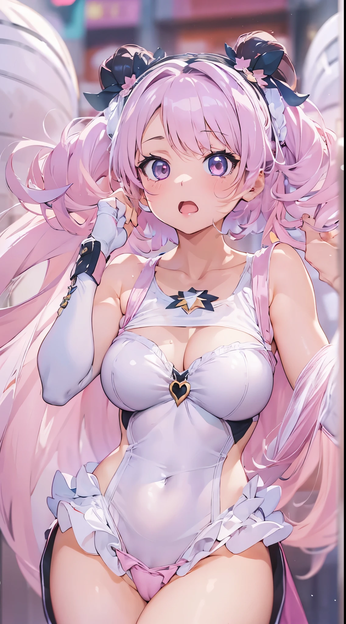 1womanl,Black hair,ar old Impatient expression)),Beautiful breasts,(((Sexy magical girl white and pink shiny bodysuit)))(())(((Blushing cheeks、Surprised look)),(((Satin Narico))),((( portlate))),we have blue eyelashes)))()Street,Crowds(magical girl hair ornament)
