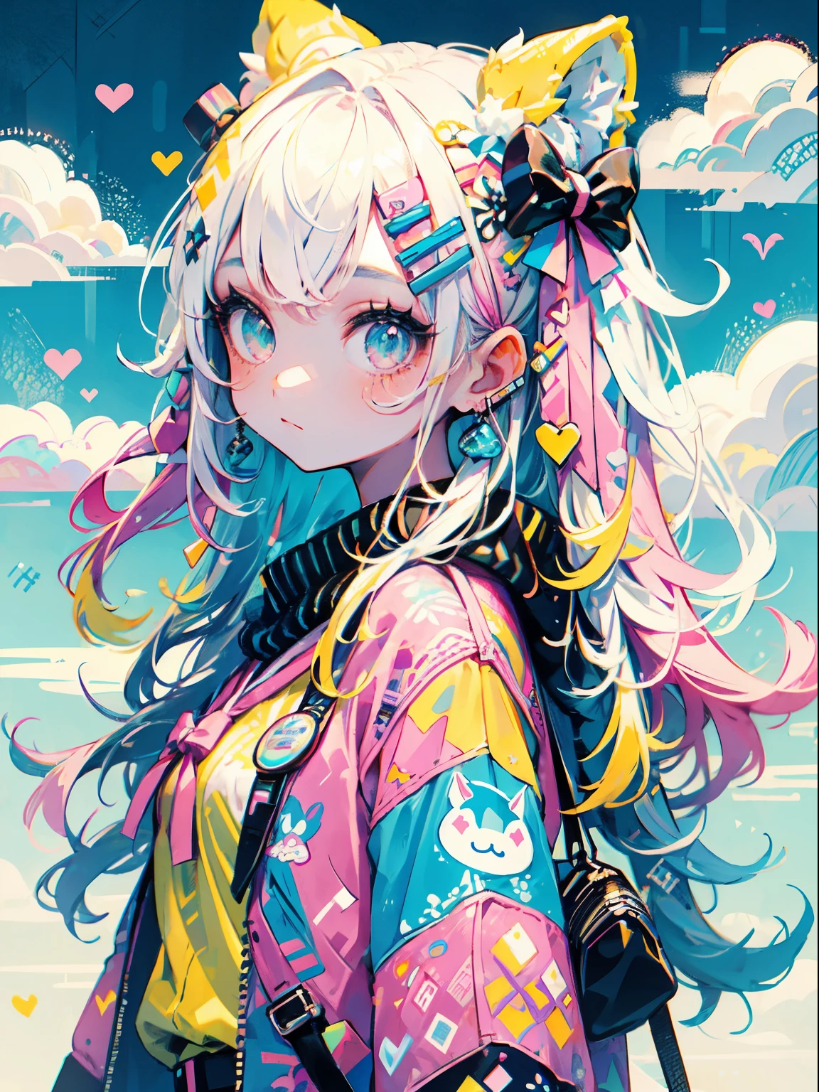 "kawaii, Cute, Adorable girl in pink, yellow, and  blue color scheme. She wears sky-themed clothing with clouds and sky motifs. Her outfit is fluffy and soft, With decora accessories like hair clips. She embodies a vibrant and trendy Harajuku fashion style."