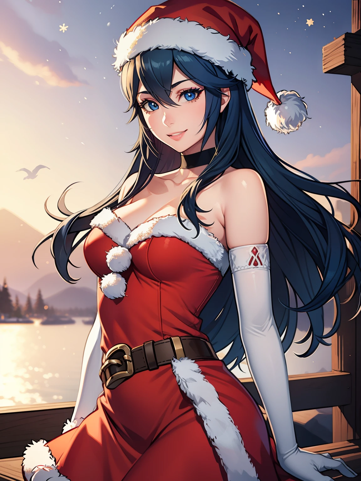 1girl, solo, masterpiece, best quality, high res, highly detailed, (illustration), beautiful detailed eyes,lucina fe,glossy lips, makeup, smile, long white satin elbow gloves, cowboy shot, (santa), red santa dress, santa hat, strapless dress, full body, white elbow gloves