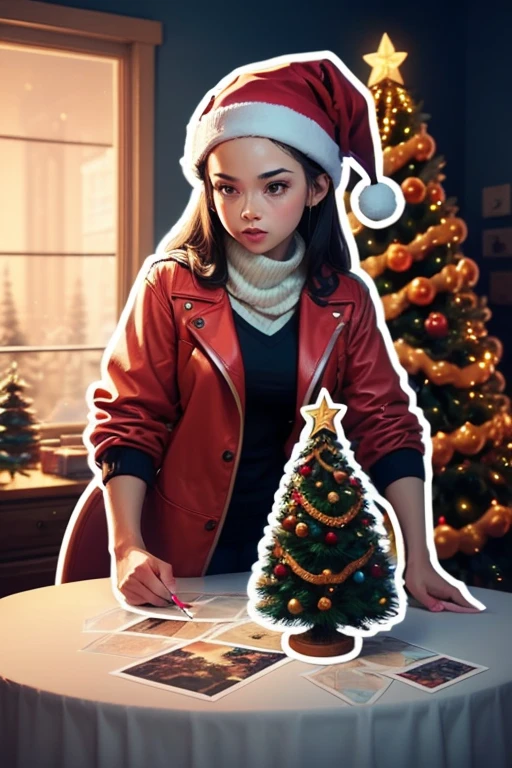 Sticker design, 1girl, Christmas hat, Christmas tree, (character concept art), enhance, intricate, (masterpiece, Representative work, official art, Professional, unity 8k wallpaper:1.3)