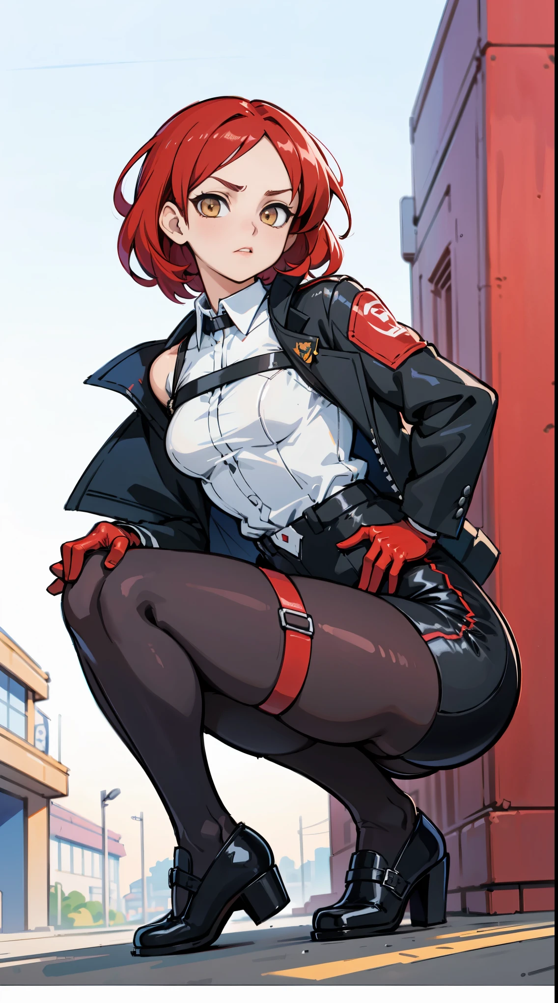 1girl, young woman, solo, short hair, Small  hair, (forehead:1.2), yellow eyes, sharp ocular posture, (scarlet red hair), Athletic, muscular, medium breasts, (cropped jacket, black jacket), white shirt, collared shirt, (chest harness, shoulder strap:1.15), black leather shorts, pantyhose 7/8, garter belt, gloves, elegant, looking at viewer, sitting on a car in a garage, super Realistic car, Kia seltos, Black car, Sitting on the side, showing the back of the carseductive, masterpiece, best quality, 4k