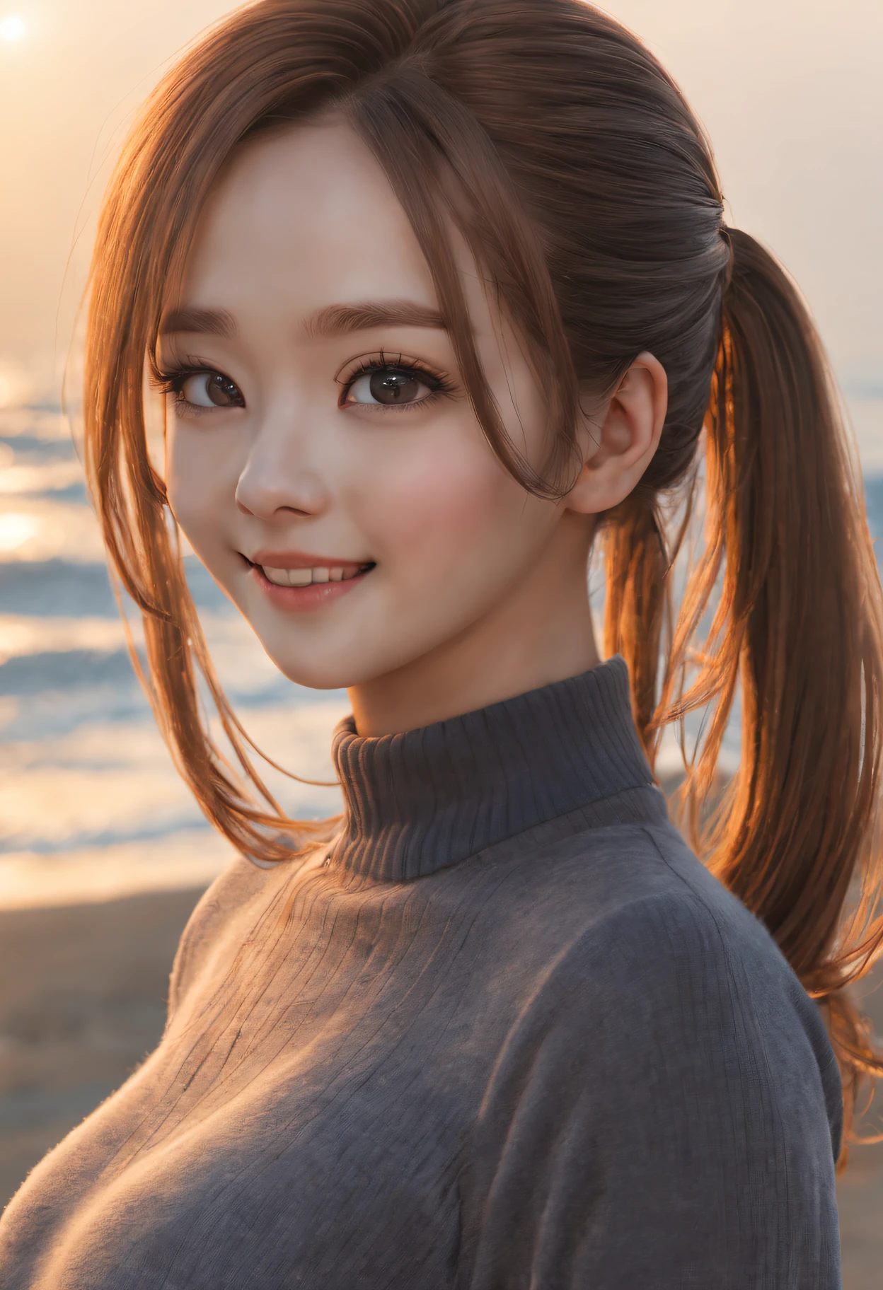 Best quality, 超k hd, (realistically:1.4),Sunset sun, pony tails, Korean female, detailed photograph, Smiling, sexy for, black shirt, facing at the camera, Close-up cleavage (tmasterpiece: 1.3), (8K, realistically, Best quality: 1.4), (1 busty girl), Nice face, (Realistic face), (black hair color hair, Short hair details: 1.3), Beautiful hairstyle, realistically的眼睛, 美丽细致的眼睛, (realistically的皮肤), Beautiful skins, (Sweaters), Huang Li, Attractive, 超高分辨率, hyper realisitc, k hd, the golden ratio