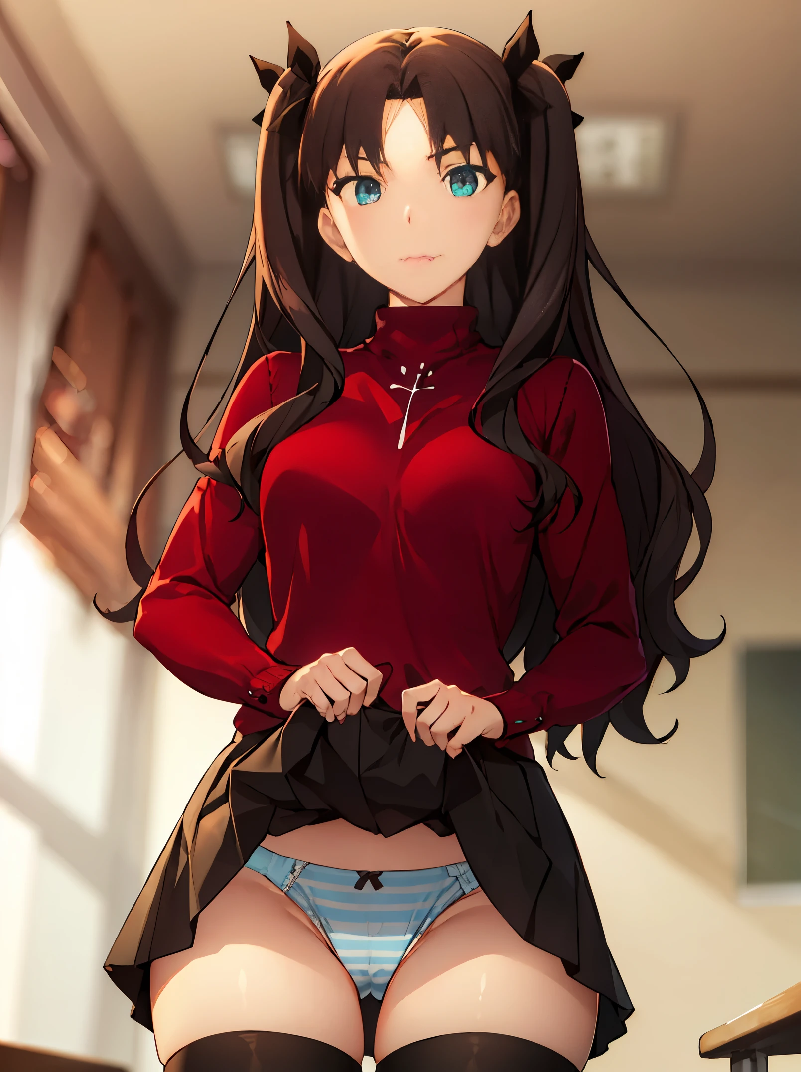 NSFW,1girl,(((blue striped panties,skirt lift))),alone,rin tohsaka,rin tohsaka kyockcho,aqua eyes,(black hair:1.5),hair ribbon,long hair,ribbon,sidelocks,two side up,(parted bangs:1.5) BREAK black skirt,black thighhighs,long sleeves,miniskirt,pleated skirt,(red sweater:1.5),skirt,sweater,thighhighs,turtleneck BREAK indoors,classroom BREAK looking at viewer,(cowboy shot:1.5) BREAK (masterpiece:1.2),best quality,high resolution,unity 8k wallpaper,(illustration:0.8),(beautiful detailed eyes:1.6),extremely detailed face,perfect lighting,extremely detailed CG,(perfect hands, perfect anatomy), , disdain, contemptuous