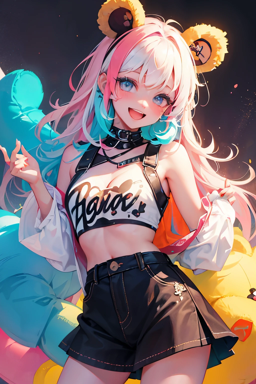 （illustratio：1.3）Teddy bear with girl smiling with open mouth,Painted with multicolored inks,Punk style,Innocent, bear ears ,Radiant,Delicate,high-level image quality,Honey is dripping