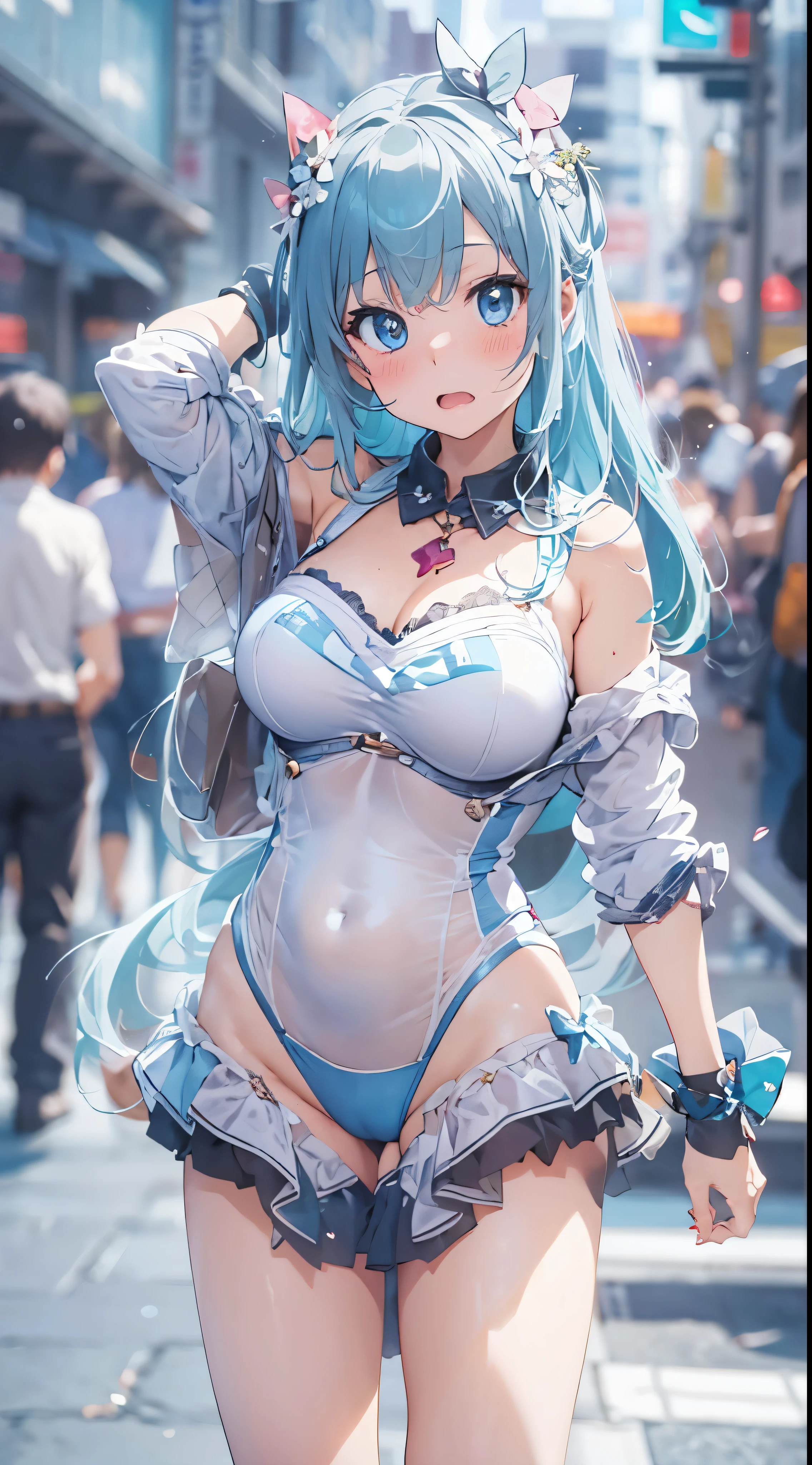 1womanl,Black hair,12year old ,((Impatient expression)),Beautiful breasts,(((Sexy magical girl white and blue shiny bodysuit)))(())(((Blushing cheeks、Surprised look)),(((Satin Narico))),((( portlate))),we have blue eyelashes)))()Street,Crowds(magical girl hair ornament)