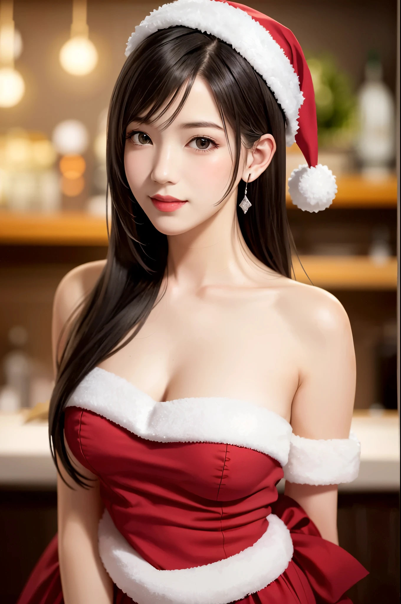 (top quality, masutepiece: 1.1), (Realistic: 1.3), BREAK (((FF7,Tifa_lockhart))),(solo,Tifa:1.2),(very old bar:1.3,bar counter,old bottles,Christmas),(cute pose:1.3),Ultra-detailed face, Detailed Red eyes, BREAK (((FF7,Tifa_lockhart))),(light brown hair, Large breasts: 1.2), (Tifa wearing santa uniform:1.3,Off Shoulder Sheer dress,Santa Claus lace costume:1.3),(No Bra) , BREAK (Small and beautiful hard nipple) ,(oiled skin: 1.1), About 18 years old,kawaii,smile,