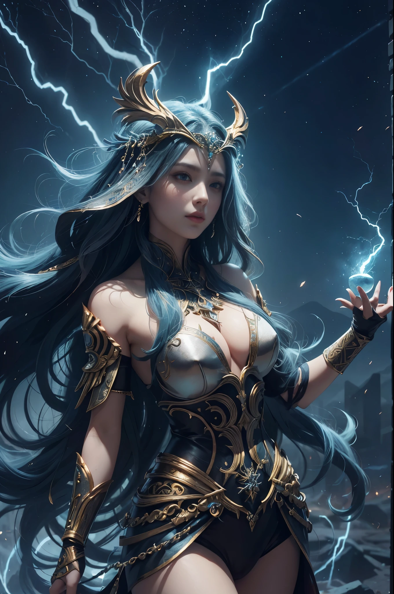 "Mighty Goddess of Strength and power, Lady of Thunder transcending the Norse, germanic, e mitologias gregas, revele-nos sua majestade! Describe in detail the stunning appearance of this deity who personifies formidable strength, power incomparável, e tempestades impetuosas. Paint a vivid portrait of your celestial figure, elaborated by the harmonious fusion of elements from these epic sagas. Describe the characteristics of your face, eyes shining with lightning energy, e cabelos fluindo como nuvens carregadas de tempestade. Detalhe a armadura divina que ela adorna, forged in celestial furnaces and adorned with symbols that echo Norse legends, germanic, e deuses gregos. Reveal the divine ornaments that exalt your presence, reflecting the majesty of its mythological lineage. Explore a dualidade de sua beleza e ferocidade, capturing the balance between divine serenity and the impending storm. Spark the imagination with details that evoke the grandeur of your form, highlighting features that testify to the unique fusion of three distinct mythologies. As the narrative unfolds, that is not just an epic mythology, but also a visual spectacle that transcends the limits of human understanding, revealing the true essence of this Goddess of Strength, power, and thunder."