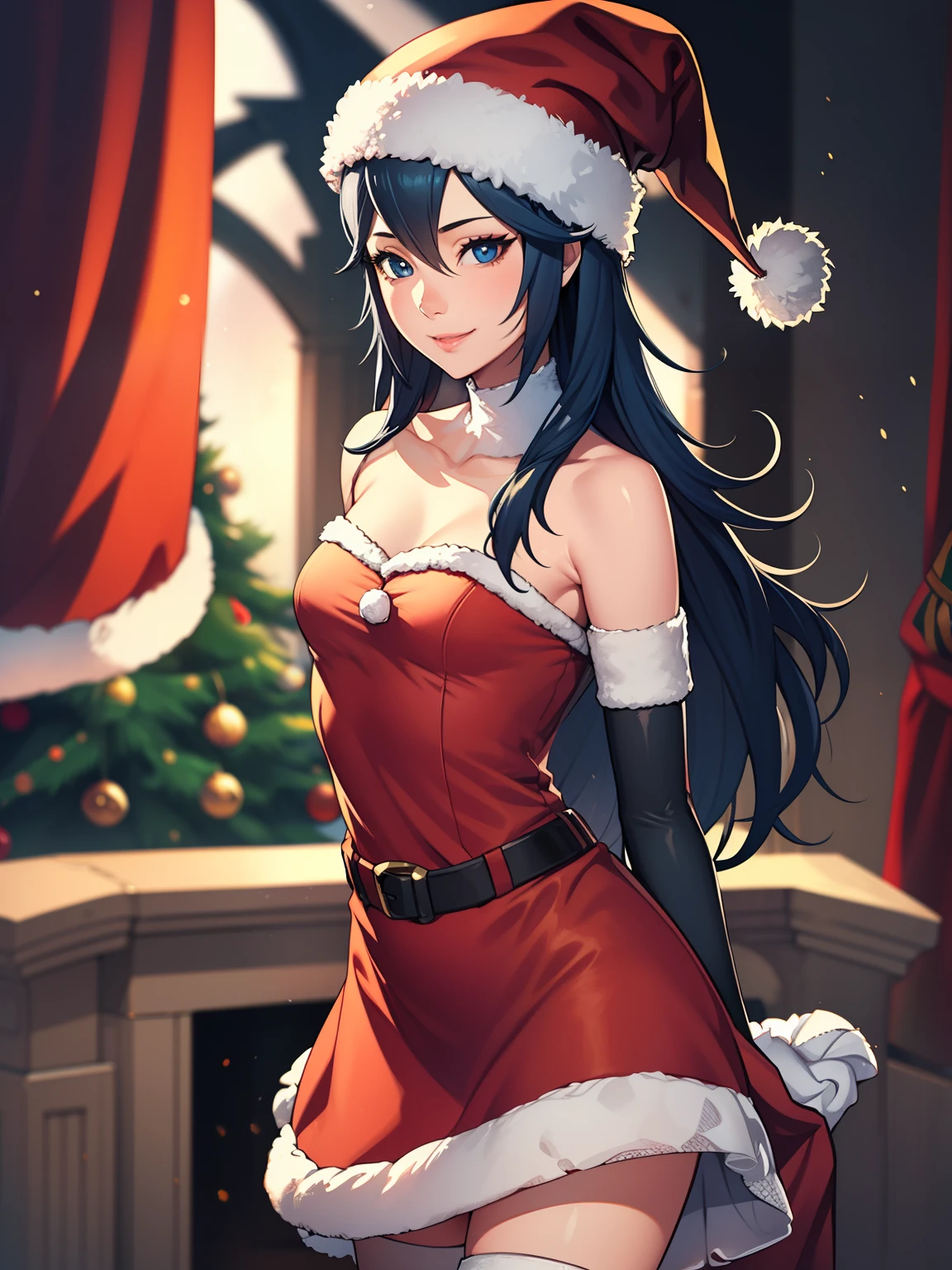 1girl, solo, masterpiece, best quality, high res, highly detailed, (illustration), beautiful detailed eyes,lucina fe,glossy lips, makeup, smile, long white satin elbow gloves, cowboy shot, (santa), red santa dress, santa hat, strapless dress, full body, white elbow gloves