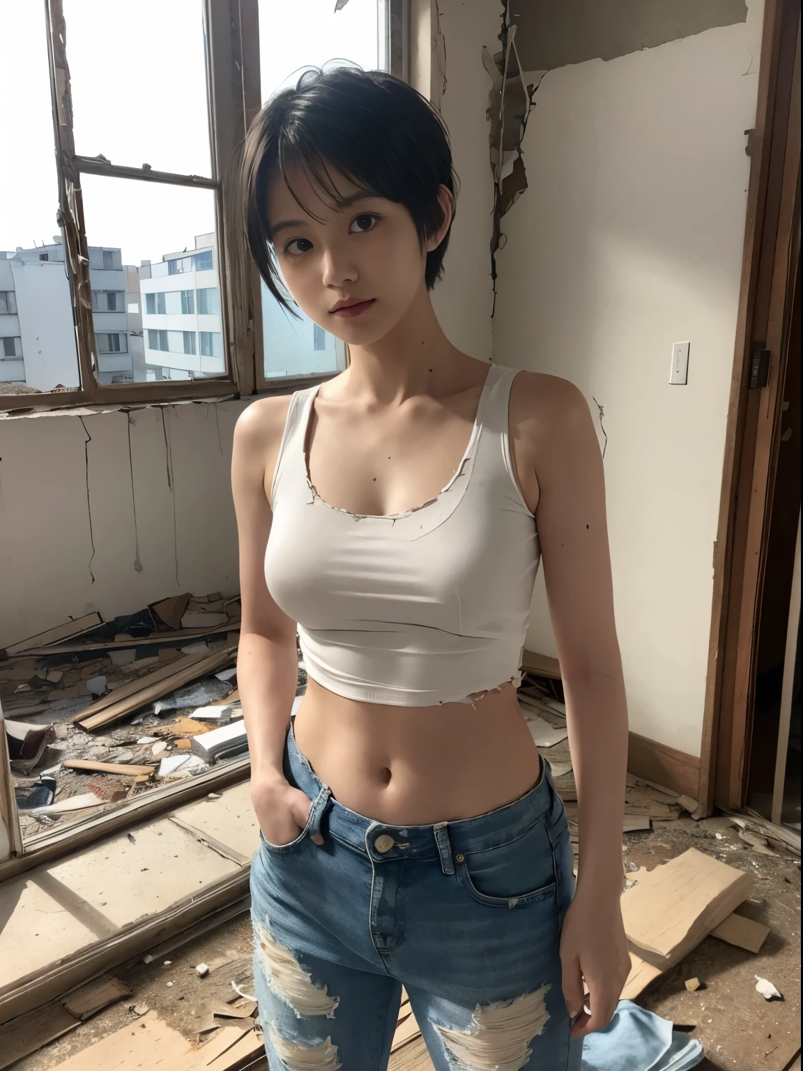 raw photo, 8k, (top-quality), Realistic, (real picture, Intricate details), (natural skin texture, detailed skin, hyper realism, sharpness), (Japanese college girl standing in an abandoned apartment building, hands in pockets), ((white tight tank top, Distressed denim pants, low rise baggy pants)), Fair skin, sweaty skin, ((very short hair, pixie hairstyle)), (seductive face, Parted lips), navel exposed, Room being demolished, dusty room, cracked wall, Messy floor, Pile of rubble:1.3, broken window, cracked Window glass, Hard lighting:1.3, sunset light, Full body shot