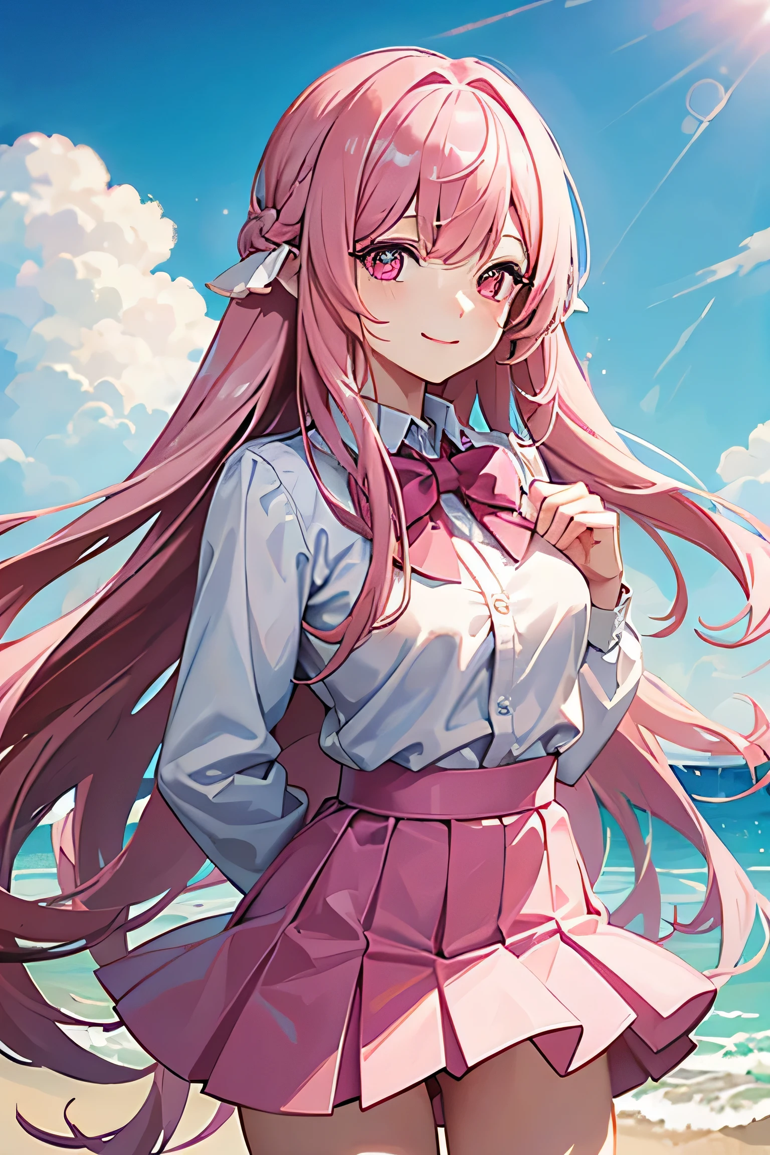 masterpiece, best quality, long hair, pink hair, close-up, radiant pink eyes, smile, medium breasts, pink bowtie, white shirt, short skirt, day, outdoors, hands behind back