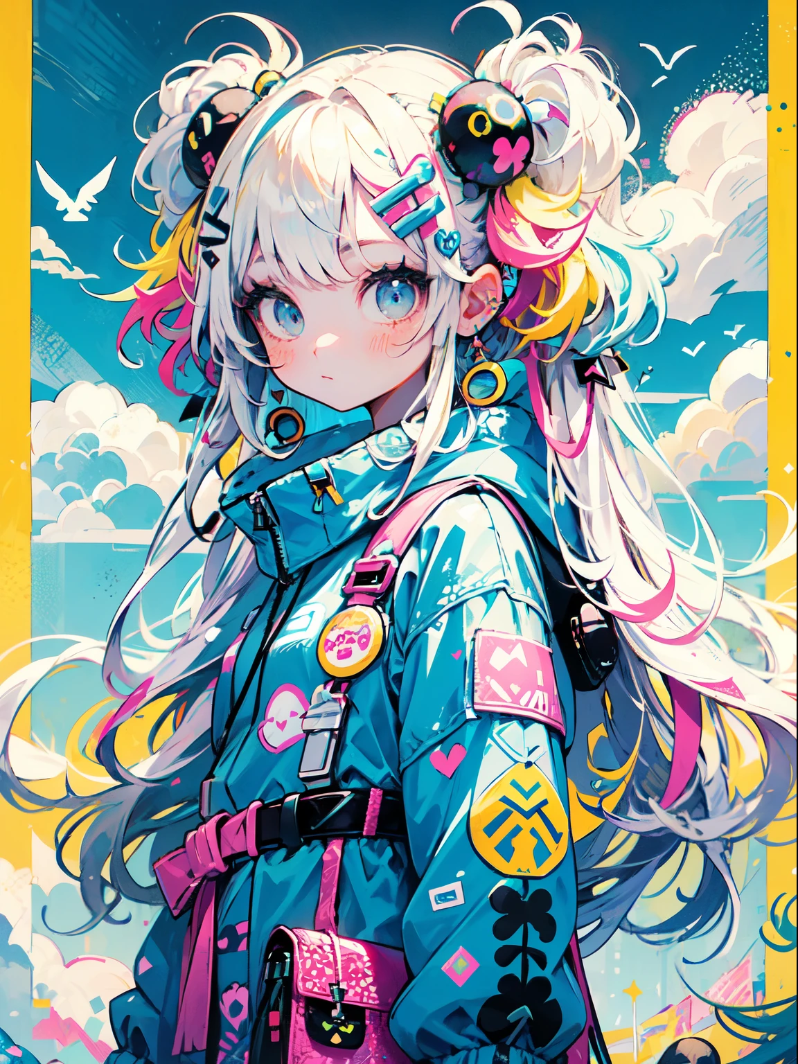 "kawaii, Cute, Adorable girl in pink, yellow, and baby blue color scheme. She wears sky-themed clothing with clouds and sky motifs. Her outfit is fluffy and soft, With decora accessories like hair clips. She embodies a vibrant and trendy Harajuku fashion style."