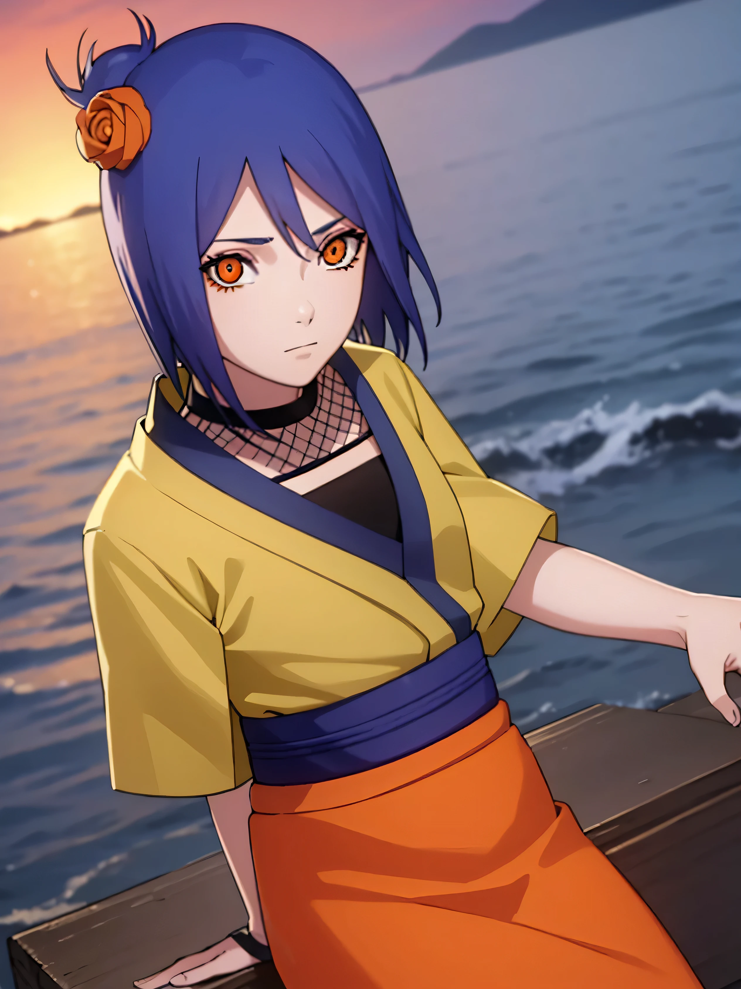 konan, konan, blue hair, (orange eyes:1.5), short hair, hair ornament, flower, hair flower,
BREAK fishnets, japanese clothes, skirt,
BREAK cowboy shot, looking at viewer,
BREAK outdoors,
BREAK (masterpiece:1.2), best quality, high resolution, unity 8k wallpaper, (illustration:0.8), (beautiful detailed eyes:1.6), extremely detailed face, perfect lighting, extremely detailed CG, (perfect hands, perfect anatomy),