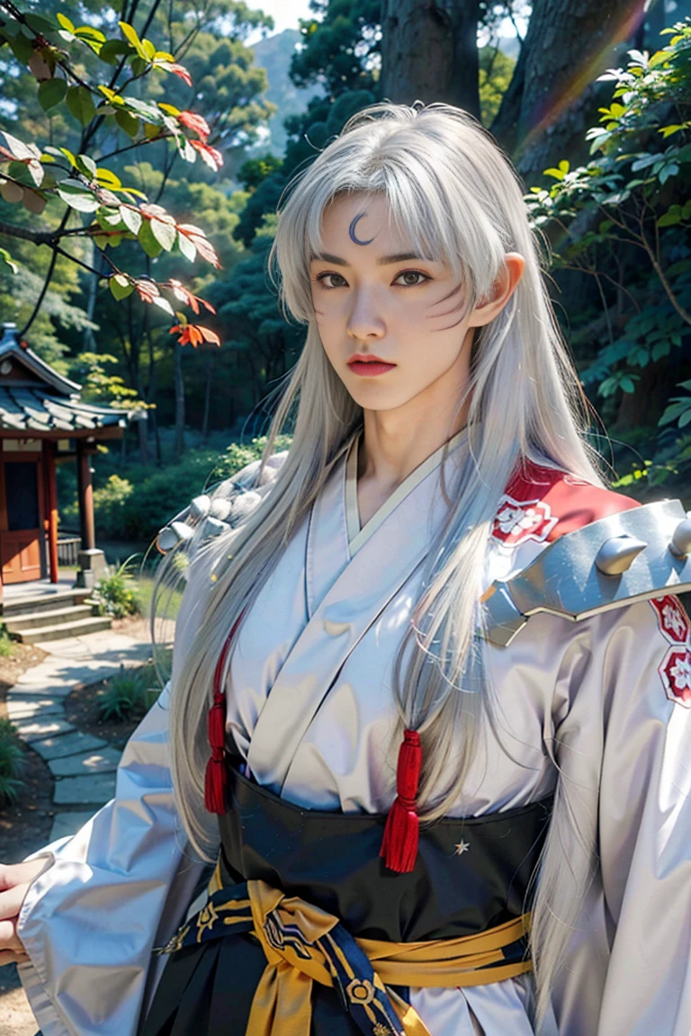 best quality, masterpiece,(a mature man)  sesshomaru,white hair,long hair((upper body, head turned to the side)), japanese forest with a shrine in the background,daytime, standing, fur trim,  fur