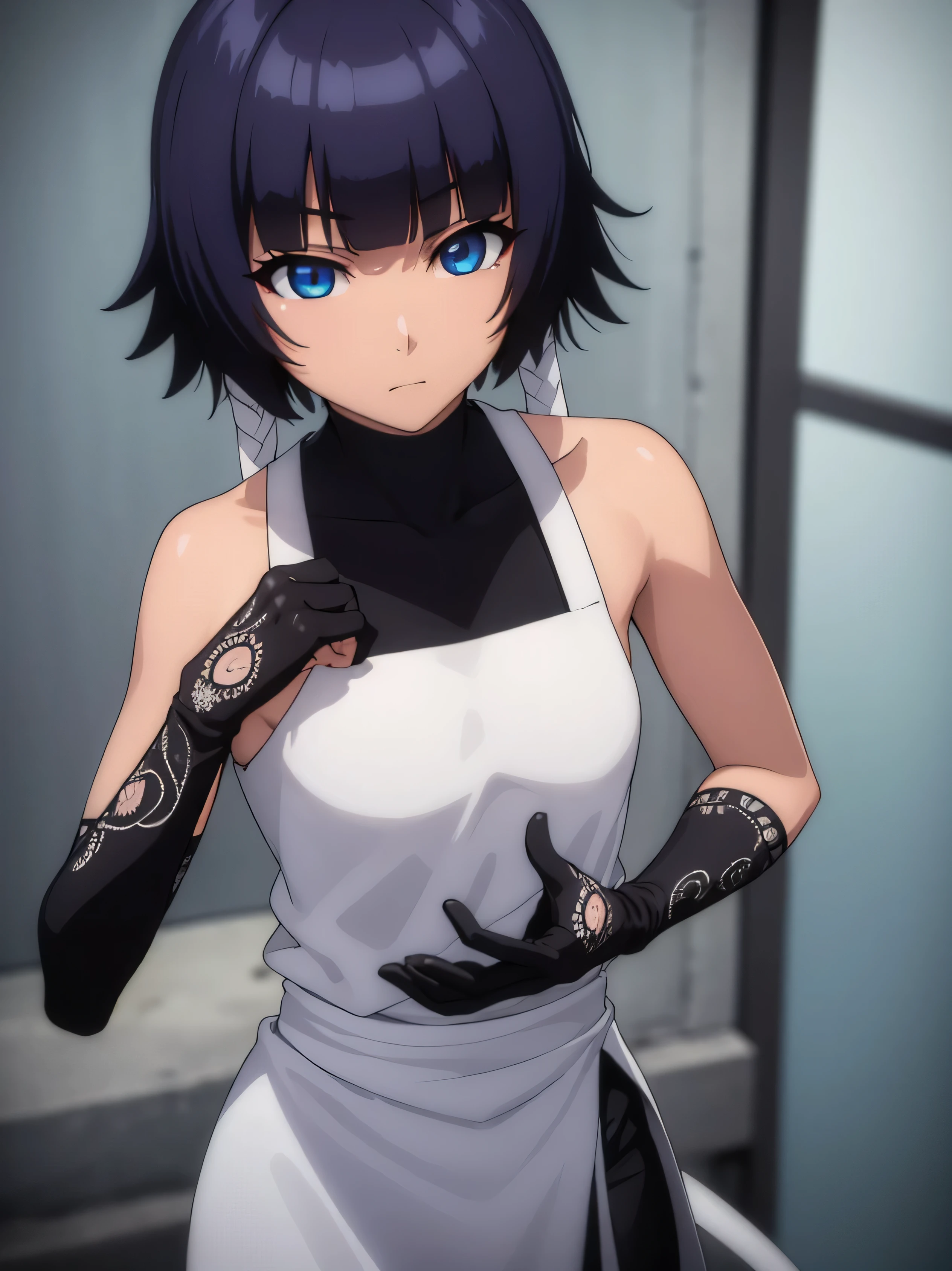 soifon, soifon, short hair, bangs, black hair, short hair with long locklack eyes:1.6), (small breasts:1.2),
BREAK gloves, bare shoulders, japanese clothes, elbow gloves, hakama, black hakama,
BREAK outdoors,
BREAK looking at viewer,
BREAK (masterpiece:1.2), best quality, high resolution, unity 8k wallpaper, (illustration:0.8), (beautiful detailed eyes:1.6), extremely detailed face, perfect lighting, extremely detailed CG, (perfect hands, perfect anatomy),