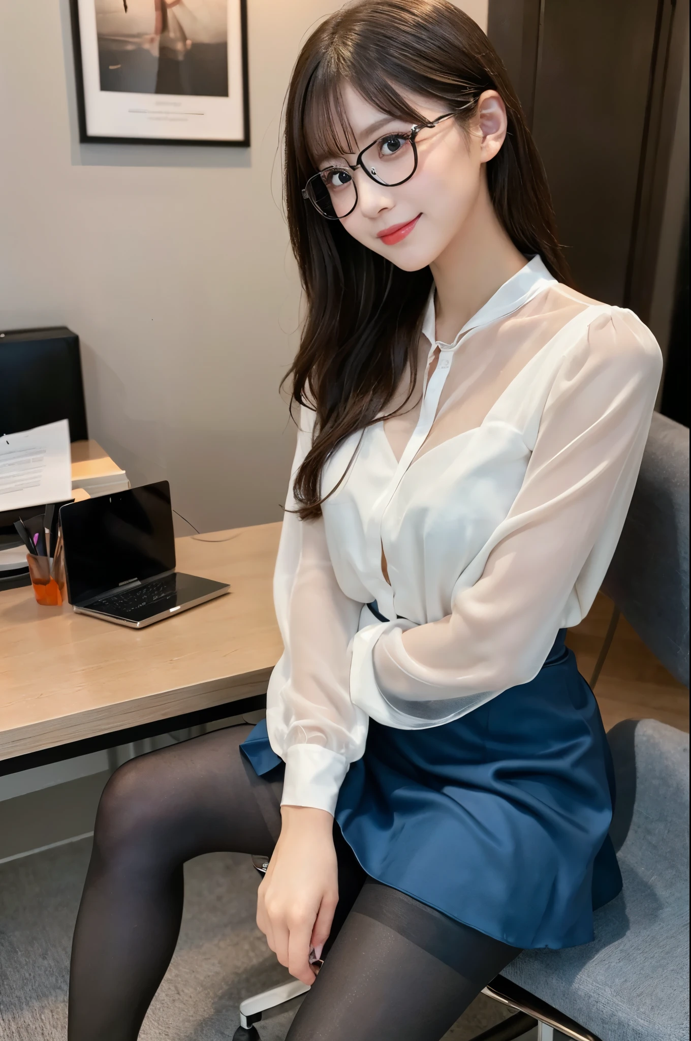 melhor qualidade, mesa, lindas mulheres maduras、rosto bonito、Mulher de mente forte、Dark blue office suit、cabelos castanhos、(Olhos castanhos)、Cabelo comprido、Olhos subdimensionados、Corpo inteiro como, soft yellow small skirt, red panties, perna cruzada, sorriso aparente, sem meia, sapato preto, top preto com renda vermelha, glasses, show up a little little panties skirt